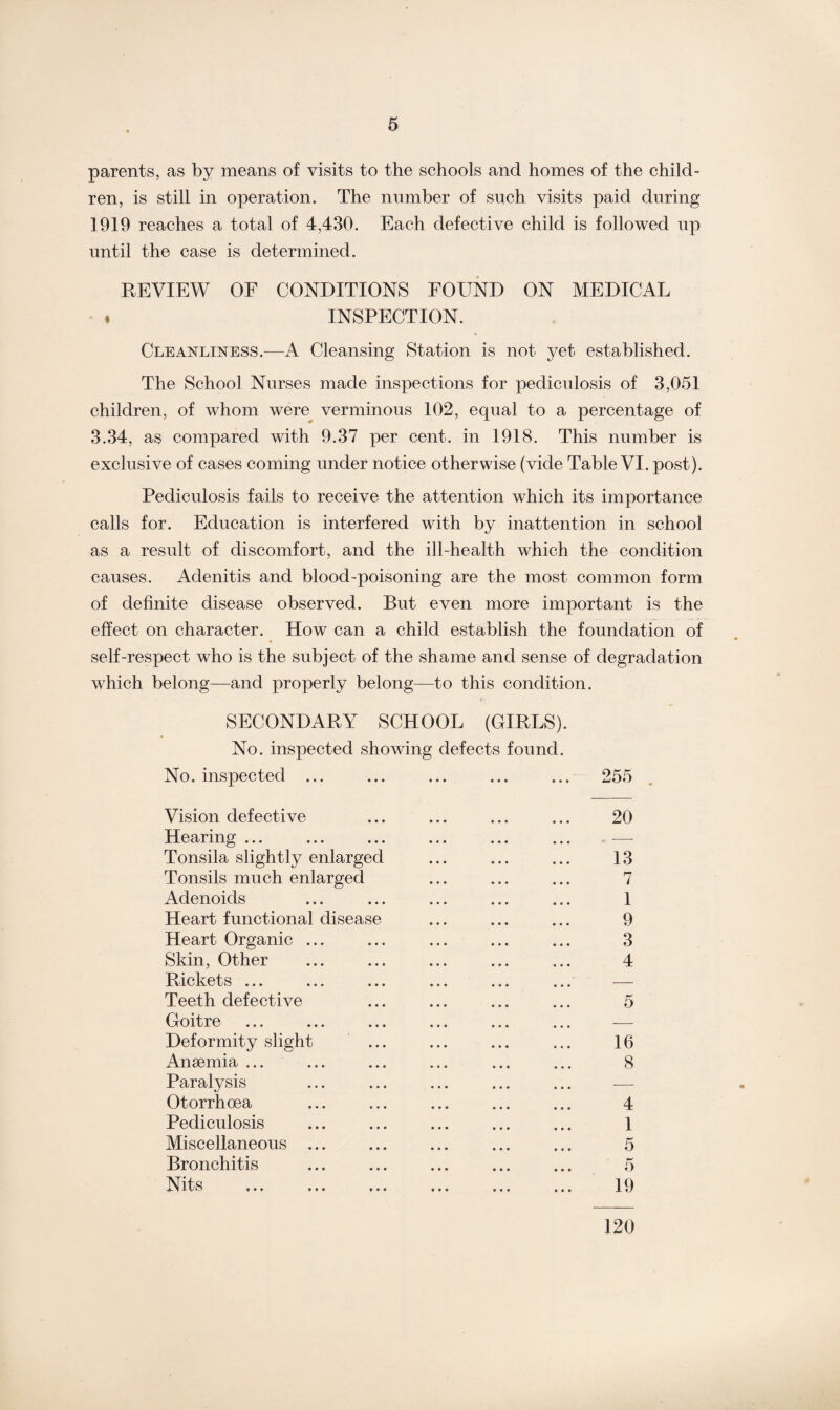parents, as by means of visits to the schools and homes of the child¬ ren, is still in operation. The number of such visits paid during 1919 reaches a total of 4,430. Each defective child is followed up until the case is determined. REVIEW OF CONDITIONS FOUND ON MEDICAL * INSPECTION. Cleanliness.-—A Cleansing Station is not yet established. The School Nurses made inspections for pediculosis of 3,051 children, of whom were verminous 102, equal to a percentage of 3.34, as compared with 9.37 per cent, in 1918. This number is exclusive of cases coming under notice otherwise (vide Table VI. post). Pediculosis fails to receive the attention which its importance calls for. Education is interfered with by inattention in school as a result of discomfort, and the ill-health which the condition causes. Adenitis and blood-poisoning are the most common form of definite disease observed. But even more important is the effect on character. How can a child establish the foundation of self-respect who is the subject of the shame and sense of degradation which belong—and properly belong—to this condition. SECONDARY SCHOOL (GIRLS). No. inspected showing defects found. No. inspected ... 255 Vision defective ... ... ... ... 20 Hearing ... ... ... ... ... ... — Tonsila slightly enlarged ... ... ... 13 Tonsils much enlarged ... ... ... 7 Adenoids ... ... ... ... ... 1 Heart functional disease ... ... ... 9 Heart Organic ... ... ... ... ... 3 Skin, Other ... ... ... ... ... 4 Rickets ... ... ... ... ... ... — Teeth defective ... ... ... ... 5 Goitre ... ... ... ... ... ... — Deformity slight ... ... ... ... 16 Anaemia ... ... ... ... ... ... 8 Paralvsis ... ... ... ... ... — Otorrhoea ... ... ... ... ... 4 Pediculosis ... ... ... ... ... 1 Miscellaneous ... ... ... ... ... 5 Bronchitis ... ... ... ... ... 5 Nits . 19 120