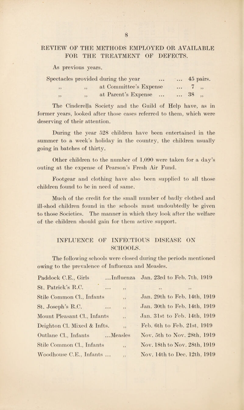 REVIEW OF THE METHODS EMPLOYED OR AVAILABLE FOR THE TREATMENT OF DEFECTS. As previous years. Spectacles provided during the year ... ... 45 pairs. ,, ,, at Committee’s Expense ... 7 ,, „ ,, at Parent’s Expense ... ... 38 ,, The Cinderella Society and the Guild of Help have, as in former years, looked after those cases referred to them, which were deserving of their attention. During the year 528 children have been entertained in the summer to a week’s holiday in the country, the children usually going in batches of thirty. Other children to the number of 1,090 were taken for a day’s outing at the expense of Pearson’s Fresh Air Fund. Footgear and clothing have also been supplied to all those children found to be in need of same. Much of the credit for the small number of badly clothed and ill-shod children found in the schools must undoubtedly be given to those Societies. The manner in which they look after the welfare of the children should gain for them active support. INFLUENCE OF INFECTIOUS DISEASE ON SCHOOLS. The following schools were closed during the periods mentioned owing to the prevalence of Influenza and Measles. Paddock C.E., Girls ...Influenza Jan. 23rd to Feb. 7th, 1919 St. Patrick’s R.C. ... ,, Stile Common Cl., Infants ,, St. Joseph’s R.C. ... ,, Mount Pleasant CL, Infants ,, Deighton Cl. Mixed & Infts. ,, Outlane CL, Infants ...Measles Stile Common CL, Infants ,, Woodhouse C.E., Infants ... ,, 3 3 3 3 Jan. 29th to Feb. 14th, 1919 Jan. 30th to Feb. 14th, 1919 Jan. 31st to Feb. 14th, 1919 Feb. 6th to Feb. 21st, 1919 Nov. 5th to Nov. 28th, 1919 Nov. 18th to Nov. 28th, 1919 Nov. 14th to Dec. 12th, 1919
