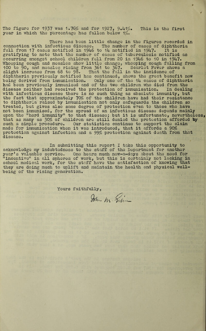 The figure for 1937 was 1.76% and for 1927j 9.41%. This is the first year in which tho percentage has fallen below 1%. There has been little change in tho figures recorded in connection with infectious disease. Tho number of cases of diphtheria fell from 17 cases notified in 1946 to 14 notified in 1947* It is gratifying to note that the number of cases of tuberculosis notified as occurring amongst school children fell from 20 in 1946 to 10 in 1947* Whooping cough and measles show little change, whooping cough falling from 100 to 90, and measles rising from 361 to 367» Scarlet Fever shows a slight increase from 68 to 98. That the fall in the incidence of diphtheria previously notified has continued, shows the great benefit now being derived from immunisation. Only one of the 14 cases of diphtheria had been previously immunised and of the two children who died from the disease neither had received the protection of immunisation. In dealing with infectious disease there is no such thing as absolute immunity, but the fact that approximately 70% of the children have had their resistance to diphtheria raised by immunisation not only safeguards the children so treated, but gives also some degree of protection even to those who have not been immunised, for the spread of an infectious disease depends mainly upon the herd immunity' to that disease; but it is unfortunate, nevertheless that as many as 30% of children are still denied tho protection afforded toy such a simple procedure. Our statistics continue to support tho claim made for immunisation when it was introduced, that it affords a 90% protection against infection and a 99% protection against death from that disease. In submitting this report I take this opportunity to acknowledge my indebtedness to tho staff of tho Department for another year’s valuable service. One hears much now-a-days about tho need for incentive in all spheres of work, but this is certainly not lacking in school medical work, for tho staff have tho satisfaction of knowing that they are doing much to uplift and maintain the health and physical well- being of the rising generation. Yours faithfully.