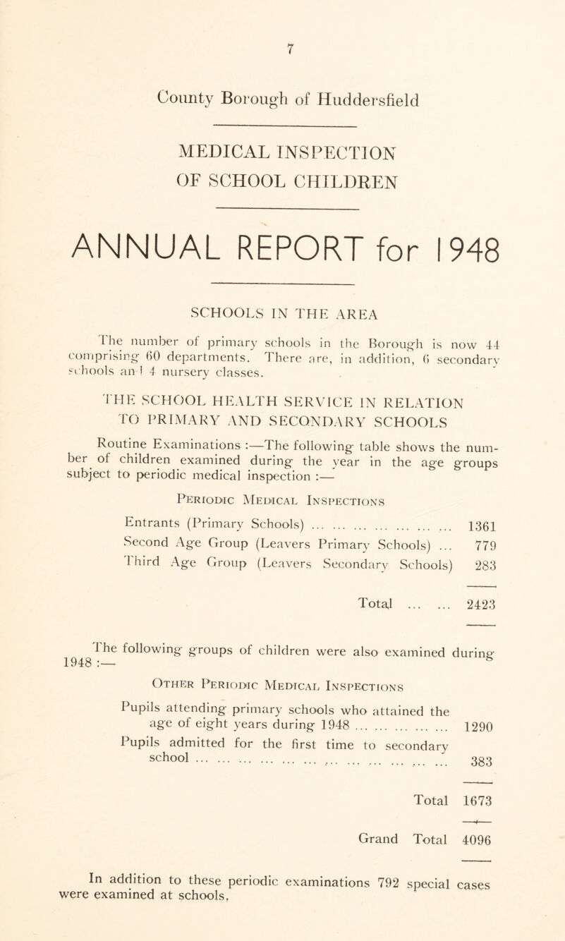 County Borough of Huddersfield MEDICAL INSPECTION OF SCHOOL CHILDREN ANNUAL REPORT for 1948 SCHOOLS IN THE AREA The number of primary schools in the Borough is now 44 comprising' (10 departments. I here are, in addition, 6 secondary schools an 1 4 nursery classes. THE SCHOOL HEALTH SERVICE IN RELATION TO PRIMARY AND SECONDARY SCHOOLS Routine Examinations :—The following- table shows the num- ber ^ of children examined during the year in the age groups subject to periodic medical inspection :— Periodic Medical Inspections Entrants (Primary Schools) 1361 Second Age Group (Leavers Primary Schools) ... 779 ! hird Age Group (Leavers Secondary Schools) 283 Total 2423 I he following groups of children were also examined during- 1948 s Other Periodic Medical Inspections Pupils attending primary schools who attained the age of eight years during 1948 ... 1290 Pupils admitted for the first time to secondary School Qoq Total 1673 Grand Total 4096 In addition to these periodic examinations 792 special cases were examined at schools,