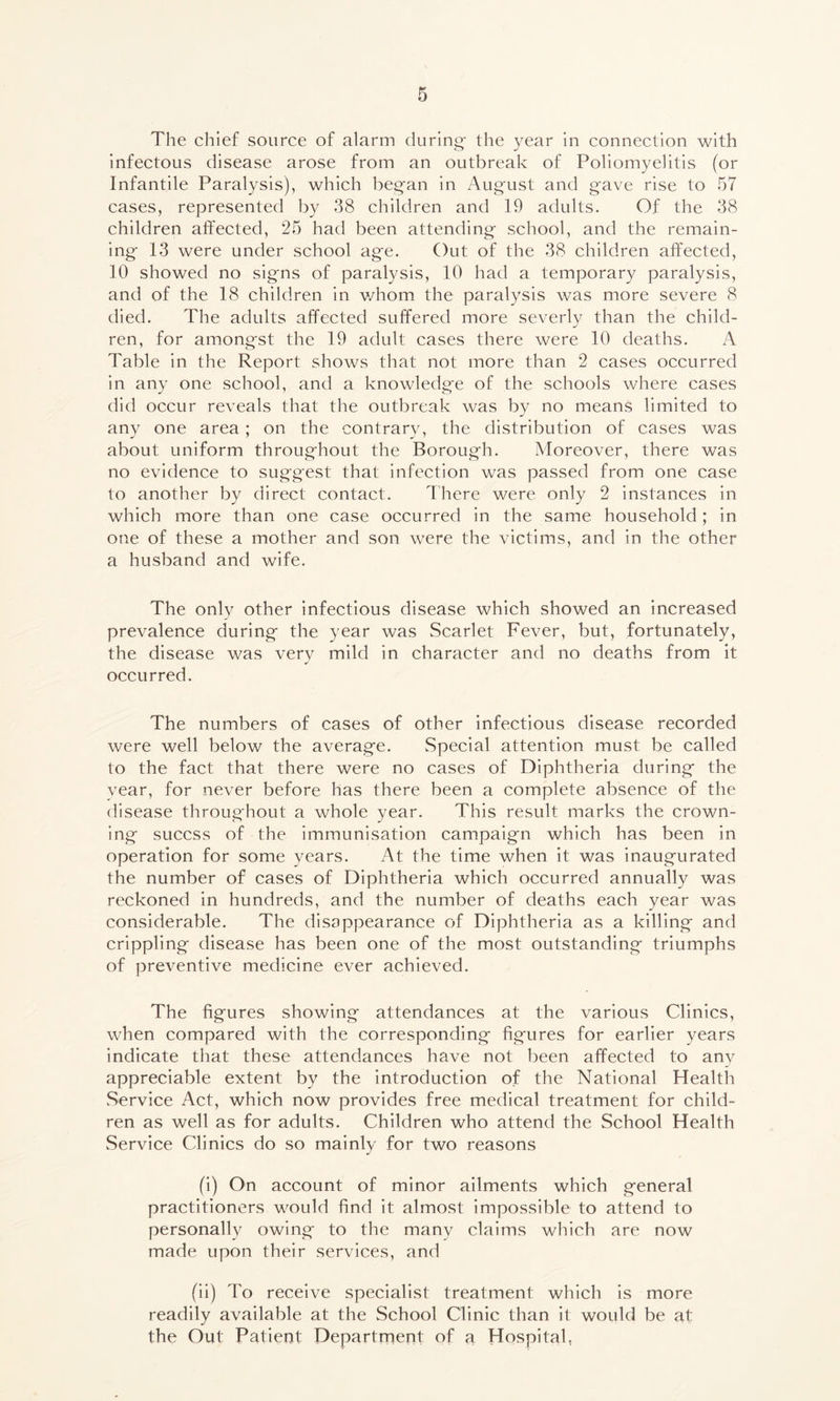 The chief source of alarm during- the year in connection with infectous disease arose from an outbreak of Poliomyelitis (or Infantile Paralysis), which began in August and gave rise to 57 cases, represented by 38 children and 19 adults. Of the 38 children affected, 25 had been attending school, and the remain- ing 13 were under school age. Out of the 38 children affected, 10 showed no signs of paralysis, 10 had a temporary paralysis, and of the 18 children in whom the paralysis was more severe 8 died. The adults affected suffered more severly than the child- ren, for amongst the 19 adult cases there were 10 deaths. A Table in the Report shows that not more than 2 cases occurred in any one school, and a knowledge of the schools where cases did occur reveals that the outbreak was by no means limited to any one area; on the contrary, the distribution of cases was about uniform throughout the Borough. Moreover, there was no evidence to suggest that infection was passed from one case to another by direct contact. There were only 2 instances in which more than one case occurred in the same household ; in one of these a mother and son were the victims, and in the other a husband and wife. The only other infectious disease which showed an increased prevalence during the year was Scarlet Fever, but, fortunately, the disease was very mild in character and no deaths from it occurred. The numbers of cases of other infectious disease recorded were well below the average. Special attention must be called to the fact that there were no cases of Diphtheria during the year, for never before lias there been a complete absence of the disease throughout a whole year. This result marks the crown- ing succss of the immunisation campaign which has been in operation for some years. At the time when it was inaugurated the number of cases of Diphtheria which occurred annually was reckoned in hundreds, and the number of deaths each year was considerable. The disappearance of Diphtheria as a killing and crippling disease has been one of the most outstanding triumphs of preventive medicine ever achieved. The figures showing attendances at the various Clinics, when compared with the corresponding figures for earlier years indicate that these attendances have not been affected to any appreciable extent by the introduction of the National Health Service Act, which now provides free medical treatment for child- ren as well as for adults. Children who attend the School Health Service Clinics do so mainly for two reasons (i) On account of minor ailments which general practitioners would find it almost impossible to attend to personally owing to the many claims which are now made upon their services, and (ii) To receive specialist treatment which is more readily available at the School Clinic than it would be at the Out Patient Department of a Hospital,