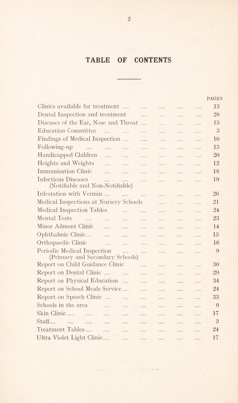 TABLE OF CONTENTS PAGES CKnics available for treatment 13 Dental Inspection and treatment 28 Diseases of the Ear, Nose and Throat 15 Education Committee 3 Findings of Medical Inspection 10 Following-up 13 Handicapped Children 20 Heights and Weights 12 Immunisation Clinic 18 Infectious Diseases 19 (Notifiable and Non-Notifiable) Infestation with Vermin 26 Medical Inspections at Nursery Schools 21 Medical Inspection Tables 24 Mental Tests 23 Minor Ailment Clinic 14 Ophthalmic Clinic 15 Orthopaedic Clinic 16 Periodic Medical Inspection 9 (Primary and Secondary Schools) Report on Child Guidance Clinic 30 Report on Dental Clinic 29 Report on Physical Education 34 Report on School Meals Service 24 Report on Speech Clinic 33 Schools in the area 9 Skin Clinic 17 Staff 3 Treatment Tables 24 Ultra Violet Light Clinic ' 17