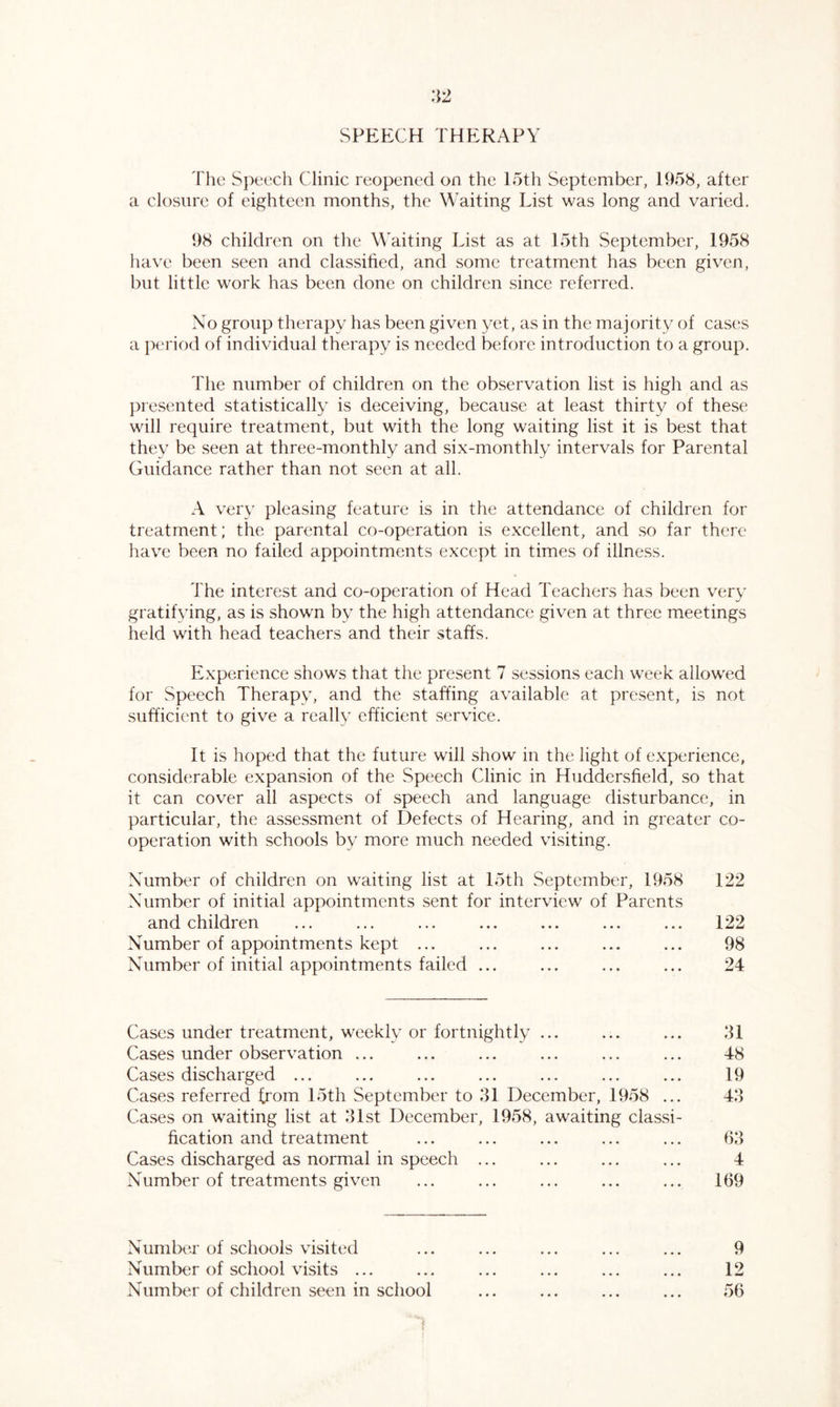 SPEECH THERAPY The Speech Clinic reopened on the 15th September, 1958, after a closure of eighteen months, the Waiting List was long and varied. 98 children on the Waiting List as at 15th September, 1958 have been seen and classified, and some treatment has been given, but little work has been done on children since referred. No group therapy has been given yet, as in the majority of cases a period of individual therapy is needed before introduction to a group. The number of children on the observation list is high and as presented statistically is deceiving, because at least thirty of these will require treatment, but with the long waiting list it is best that they be seen at three-monthly and six-monthly intervals for Parental Guidance rather than not seen at all. A very pleasing feature is in the attendance of children for treatment; the parental co-operation is excellent, and so far there have been no failed appointments except in times of illness. The interest and co-operation of Head Teachers has been very gratifying, as is shown by the high attendance given at three meetings held with head teachers and their staffs. Experience shows that the present 7 sessions each week allowed for Speech Therapy, and the staffing available at present, is not sufficient to give a really efficient service. It is hoped that the future will show in the light of experience, considerable expansion of the Speech Clinic in Huddersfield, so that it can cover all aspects of speech and language disturbance, in particular, the assessment of Defects of Hearing, and in greater co- operation with schools by more much needed visiting. Number of children on waiting list at 15th September, 1958 122 Number of initial appointments sent for interview of Parents and children ... ... ... ... ... ... ... 122 Number of appointments kept ... ... ... ... ... 98 Number of initial appointments failed ... ... ... ... 24 Cases under treatment, weekly or fortnightly ... ... ... 31 Cases under observation ... ... ... ... ... ... 48 Cases discharged ... ... ... ... ... ... ... 19 Cases referred from 15th September to 31 December, 1958 ... 43 Cases on waiting list at 31st December, 1958, awaiting classi- fication and treatment ... ... ... ... ... 63 Cases discharged as normal in speech ... ... ... ... 4 Number of treatments given ... ... ... ... ... 169 Number of schools visited ... ... ... ... ... 9 Number of school visits ... ... ... ... ... ... 12 Number of children seen in school ... ... ... ... 56