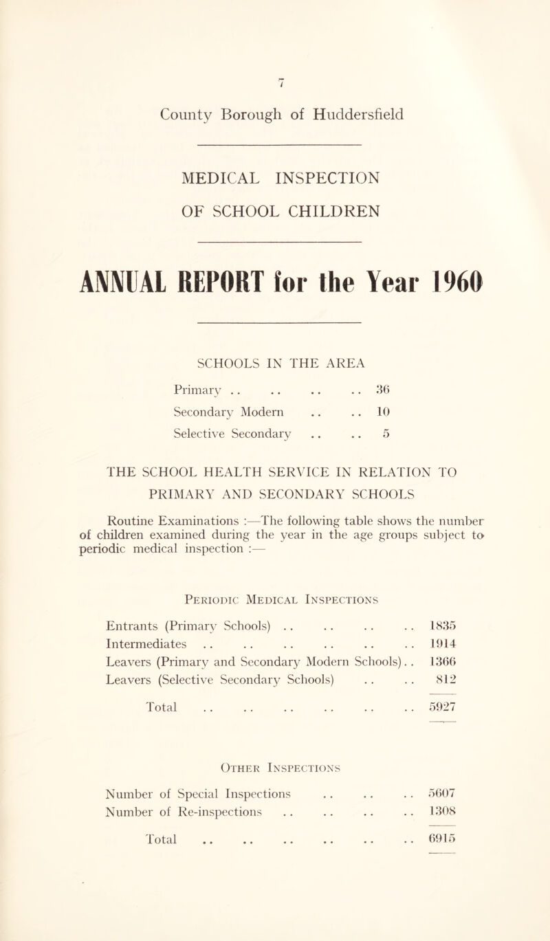 / County Borough of Huddersfield MEDICAL INSPECTION OF SCHOOL CHILDREN AMUAl REPORT for the Year I960 SCHOOLS IN THE AREA Primary .. .. . . 36 Secondary Modern .. .. 10 Selective Secondary .. .. 5 THE SCHOOL HEALTH SERVICE IN RELATION TO PRIMARY AND SECONDARY SCHOOLS Routine Examinations :—The following table shows the number of children examined during the year in the age groups subject to periodic medical inspection :— Periodic Medical Inspections Entrants (Primary Schools) .. . . . . . . 1835 Intermediates .. .. .. .. .. . . 1914 Leavers (Primary and Secondary Modern Schools). . 1366 Leavers (Selective Secondary Schools) . . . . 812 Total . . . . . . .. .. . . 5927 Other Inspections Number of Special Inspections .. .. . . 5607 Number of Re-inspections .. .. .. . . 1308