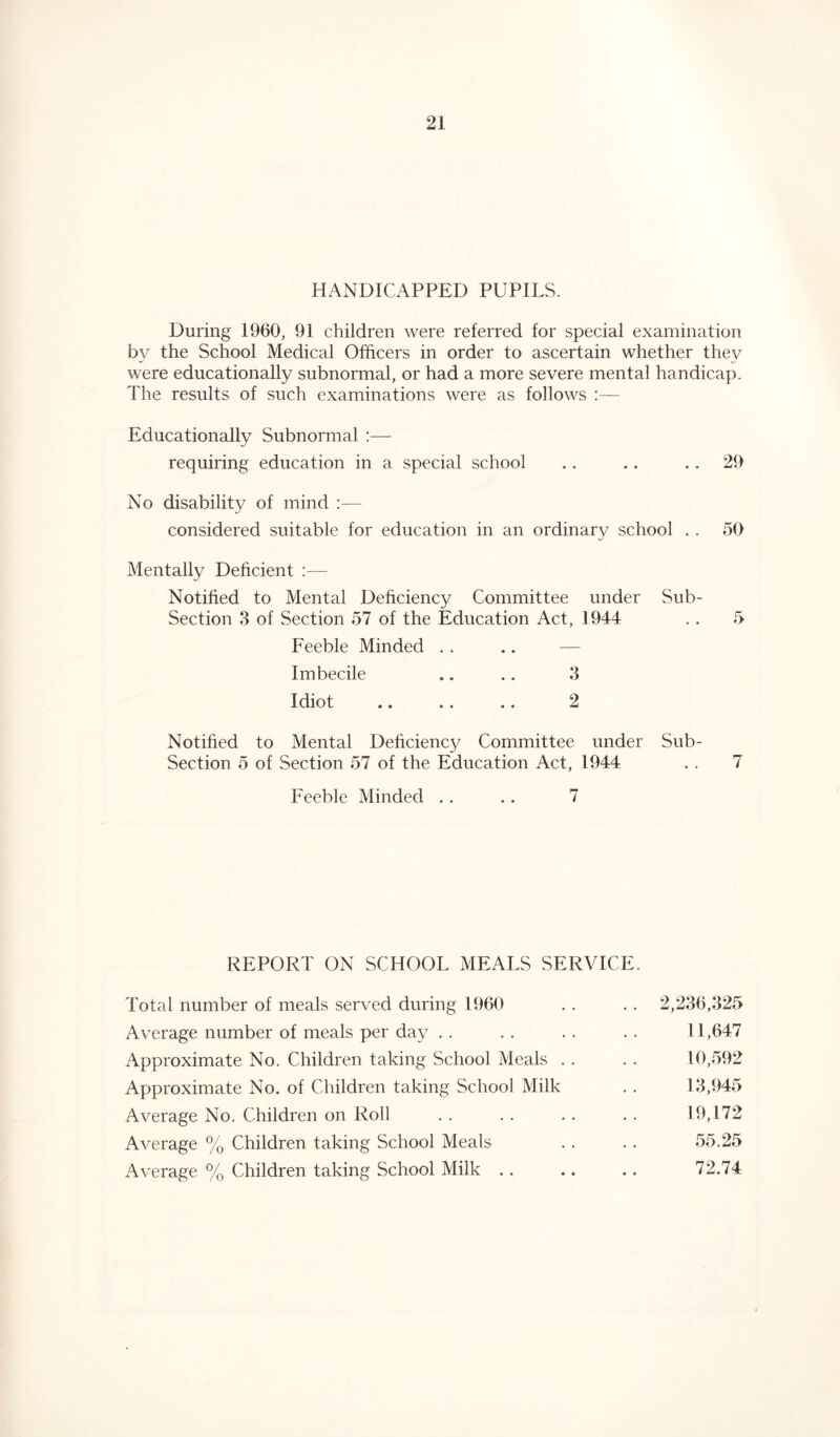 HANDICAPPED PUPILS. During 1960, 91 children were referred for special examination by the School Medical Officers in order to ascertain whether they were educationally subnormal, or had a more severe mental handicap. The results of such examinations were as follows :— Educationally Subnormal :— requiring education in a special school .. .. 29 No disability of mind :— considered suitable for education in an ordinary school . . 50 Mentally Deficient :— Notified to Mental Deficiency Committee under Sub- Section 3 of Section 57 of the Education Act, 1944 . . 5 Feeble Minded .. .. — Imbecile .. .. 3 Idiot .. .. .. 2 Notified to Mental Deficiency Committee under Sub- Section 5 of Section 57 of the Education Act, 1944 . . 7 Feeble Minded .. .. 7 REPORT ON SCHOOL MEALS SERVICE. Total number of meals served during 1960 . . . . 2,236,325 Average number of meals per day . . . . . . . . 11,647 Approximate No. Children taking School Meals . . . . 10,592 Approximate No. of Children taking School Milk . . 13,945 Average No. Children on Roll . . . . .. . . 19,172 Average % Children taking School Meals . . . . 55.25 Average % Children taking School Milk .. .. .. 72.74