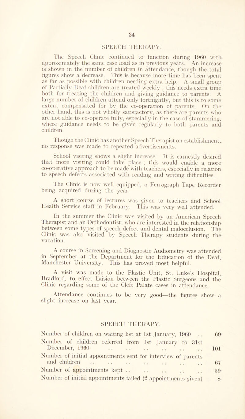 SPEECH THERAPY. The Speech Clinic continued to function during 1960 with approximately the same case load as in previous years. An increase is shown in the number of children in attendance, though the total figures show a decrease. This is because more time has been spent as far as possible with children needing extra help. A small group of Partially Deaf children are treated weekly ; this needs extra time both for treating the children and giving guidance to parents. A large number of children attend only fortnightly, but this is to some extent compensated for by the co-operation of parents. On the other hand, this is not wholly satisfactory, as there are parents who are not able to co-operate fully, especially in the case of stammering, where guidance needs to be given regularly to both parents and children. Though the Clinic has another Speech Therapist on establishment, no response was made to repeated advertisements. School visiting shows a slight increase. It is earnestly desired that more visiting could take place ; this would enable a more co-operative approach to be made with teachers, especially in relation to speech defects associated with reading and writing difficulties. The Clinic is now well equipped, a Ferrograph Tape Recorder being acquired during the year. A short course of lectures was given to teachers and School Health Service staff in February. This was very well attended. In the summer the Clinic was visited by an American Speech Therapist and an Orthodontist, who are interested in the relationship between some types of speech defect and dental malocclusion. The Clinic was also visited by Speech Therapy students during the vacation. A course in Screening and Diagnostic Audiometry was attended in September at the Department for the Education of the Deaf, Manchester University. This has proved most helpful. A visit was made to the Plastic Unit, St. Luke/s Hospital,. Bradford, to effect liaision between the Plastic Surgeons and the Clinic regarding some of the Cleft Palate cases in attendance. Attendance continues to be very good—the figures show a slight increase on last 3/ear. SPEECH THERAPY. Number of children on waiting list at 1st January, 1960 . . 60 Number of children referred from 1st January to 31st December, 1960 .. . . 101 Number of initial appointments sent for interview of parents and children . . . . . . . . . . . . .. 67 Number of appointments kept .. . . .. .. .. 59 Number of initial appointments failed (2 appointments given) 8