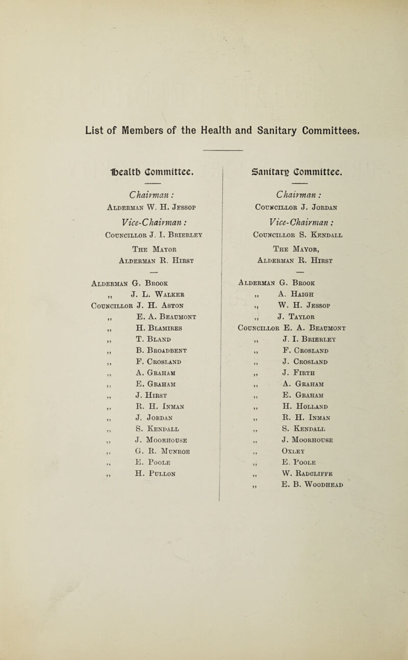 List of Members of the Health and Sanitary Committees. Ibealtb Committee. Chairman: Alderman W. H. Jessop Vice-Chairman: Councillor J. I. Brierley The Mayor Alderman II. Hirst Alderman G. Brook ,, J. L. Walker Councillor J. H. Aston „ E. A. Beaumont ,, H. Blamires ,, T. Bland ,, B. Broadbent „ F. Crosland ,, A. Graham ,, E. Graham ,, J. Hirst ,, R. H. Inman ,, J. Jordan ,, S. Kendall ,, J. Moorhoose ,, G. R. Munroe ,, E. Poole ,, H. Pullon Sanitarg Committee. Chairman: Councillor J. Jordan Vice-Chairman: Councillor S. Kendall The Mayor, Alderman R. Hirst Alderman G. Brook ,, A. Haigh ,, W. H. Jessop ,, J. Taylor Councillor E. A. Beaumont ,, J. I. Brierley ,, F. Crosland ,, J. Crosland ,, J. Firth ,, A. Graham ,, E. Graham ,, H. Holland ,, R. H. Inman ,, S. Kendall ,, J. Moorhouse ,, Oxley ,, E. Poole ,, W. Radcliffe ,, E. B. Woodhead