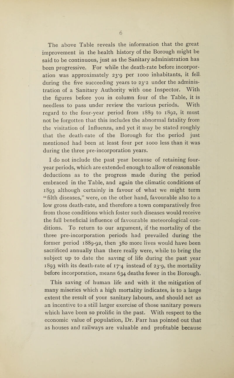The above Table reveals the information that the great improvement in the health history of the Borough might be said to be continuous, just as the Sanitary administration has been progressive. For while the death-rate before incorpor¬ ation was approximately 23*9 per 1000 inhabitants, it fell during the five succeeding years to 23*2 under the adminis¬ tration of a Sanitary Authority with one Inspector. With the figures before you in column four of the Table, it is needless to pass under review the various periods. With regard to the four-year period from 1889 to 1892, it must not be forgotten that this includes the abnormal fatality from the visitation of Influenza, and yet it may be stated roughly that the death-rate of the Borough for the period just mentioned had been at least four per 1000 less than it was during the three pre-incorporation years. I do not include the past year because of retaining four- year periods, which are extended enough to allow of reasonable deductions as to the progress made during the period embraced in the Table, and again the climatic conditions of 1893 although certainly in favour of what we might term “filth diseases,” were, on the other hand, favourable also to a low gross death-rate, and therefore a town comparatively free from those conditions which foster such diseases would receive the full beneficial influence of favourable meteorological con¬ ditions. To return to our argument, if the mortality of the three pre-incorporation periods had prevailed during the former period 1889-92, then 380 more lives would have been sacrificed annually than there really were, while to bring the subject up to date the saving of life during the past year 1893 with its death-rate of 17*4 instead of 23-9, the mortality before incorporation, means 634 deaths fewer in the Borough. This saving of human life and with it the mitigation of many miseries which a high mortality indicates, is to a large extent the result of your sanitary labours, and should act as an incentive to a still larger exercise of those sanitary powers which have been so prolific in the past. With respect to the economic value of population, Dr. Farr has pointed out that as houses and railways are valuable and profitable because