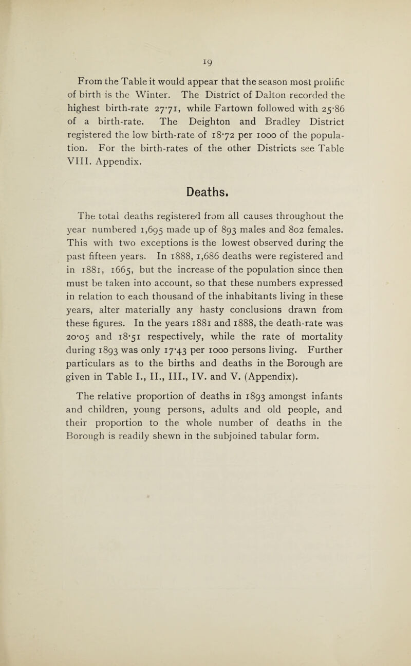 From the Table it would appear that the season most prolific of birth is the Winter. The District of Dalton recorded the highest birth-rate 2771, while Fartown followed with 25-86 of a birth-rate. The Deighton and Bradley District registered the low birth-rate of 18-72 per 1000 of the popula¬ tion. For the birth-rates of the other Districts see Table VIII. Appendix. Deaths, The total deaths registered from all causes throughout the year numbered 1,695 made up of 893 males and 802 females. This with two exceptions is the lowest observed during the past fifteen years. In 1888, 1,686 deaths were registered and in 1881, 1665, but the increase of the population since then must be taken into account, so that these numbers expressed in relation to each thousand of the inhabitants living in these years, alter materially any hasty conclusions drawn from these figures. In the years 1881 and 1888, the death-rate was 20-05 and 18*51 respectively, while the rate of mortality during 1893 was only I7‘43 Per 1000 persons living. Further particulars as to the births and deaths in the Borough are given in Table I., II., III., IV. and V. (Appendix). The relative proportion of deaths in 1893 amongst infants and children, young persons, adults and old people, and their proportion to the whole number of deaths in the Borough is readily shewn in the subjoined tabular form.