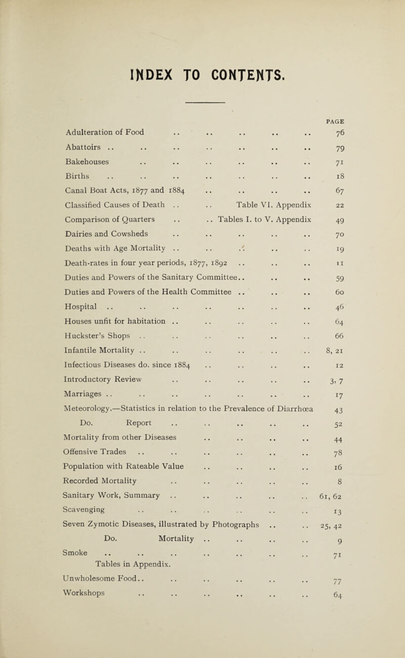 INDEX TO CONTENTS. Adulteration of Food Abattoirs .. Bakehouses Births Canal Boat Acts, 1877 and 1884 Classified Causes of Death . . .. Table VI. Appendix Comparison of Quarters .. .. Tables I. to V. Appendix Dairies and Cowsheds Deaths with Age Mortality .. .. .< Death-rates in four year periods, 1877, 1892 Duties and Powers of the Sanitary Committee.. Duties and Powers of the Health Committee .. Hospital Houses unfit for habitation .. Huckster’s Shops Infantile Mortality Infectious Diseases do. since 1884 Introductory Review Marriages .. Meteorology.—Statistics in relation to the Prevalence of Diarrhoea Do. Report Mortality from other Diseases Offensive Trades Population with Rateable Value Recorded Mortality Sanitary Work, Summary Scavenging Seven Zymotic Diseases, illustrated by Photographs Do. Mortality PAGE 76 79 71 18 67 22 49 70 J9 11 59 60 46 64 66 8, 21 12 3> 7 *7 43 52 44 78 16 8 61, 62 13 25, 42 9 Smoke Tables in Appendix. Unwholesome Food.. Workshops 7i 77 64