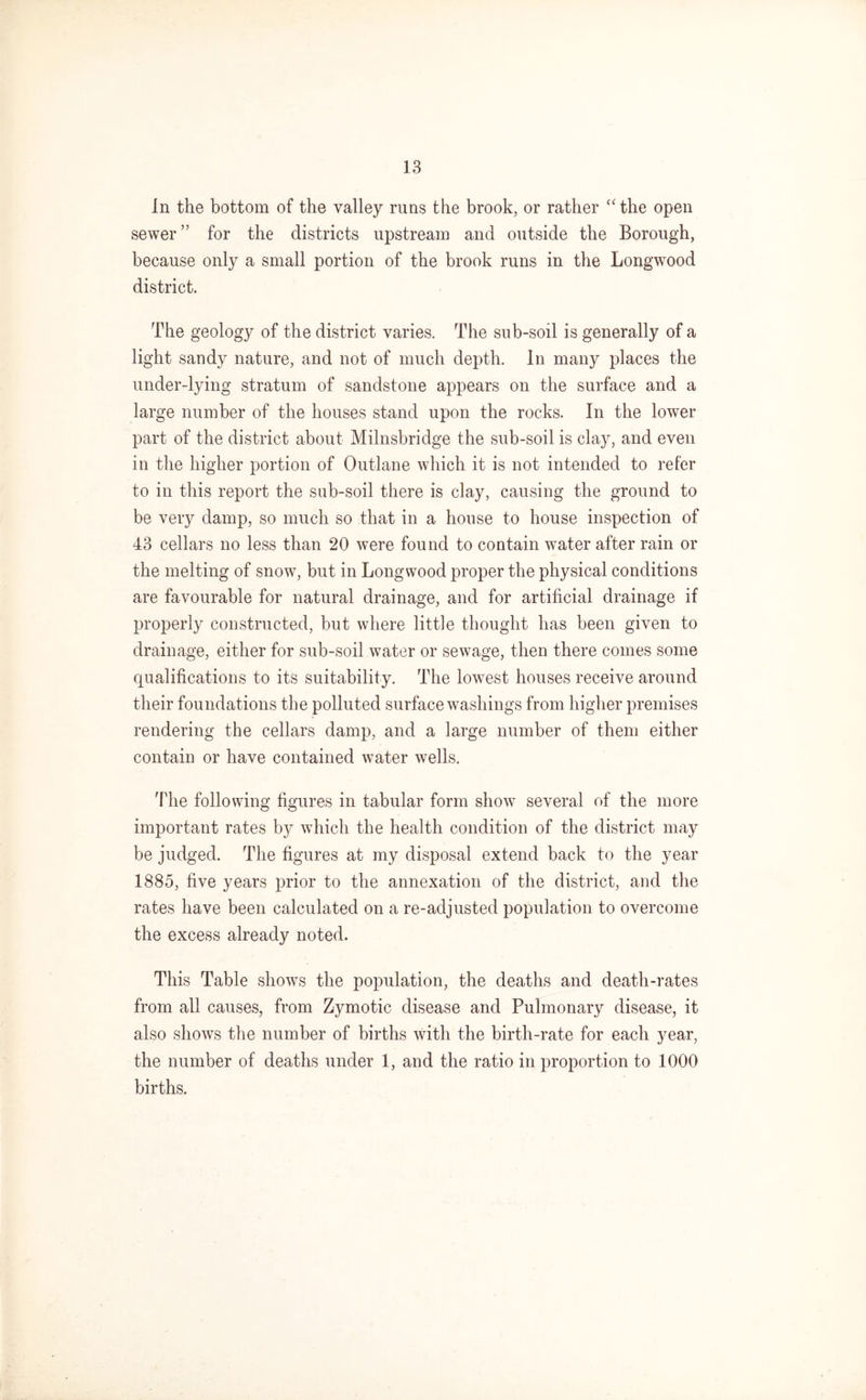 In the bottom of the valley runs the brook, or rather “ the open sewer ” for the districts upstream and outside the Borough, because only a small portion of the brook runs in the Longwood district. The geology of the district varies. The sub-soil is generally of a light sandy nature, and not of much depth. In many places the under-lying stratum of sandstone appears on the surface and a large number of the houses stand upon the rocks. In the lower part of the district about Milnsbridge the sub-soil is clay, and even in the higher portion of Outlane which it is not intended to refer to in this report the sub-soil there is clay, causing the ground to be very damp, so much so that in a house to house inspection of 43 cellars no less than 20 were found to contain water after rain or the melting of snow, but in Longwood proper the physical conditions are favourable for natural drainage, and for artificial drainage if properly constructed, but where little thought has been given to drainage, either for sub-soil water or sewage, then there comes some qualifications to its suitability. The lowest houses receive around their foundations the polluted surface washings from higher premises rendering the cellars damp, and a large number of them either contain or have contained water wells. The following figures in tabular form show several of the more important rates by which the health condition of the district may be judged. The figures at my disposal extend back to the year 1885, five years prior to the annexation of the district, and the rates have been calculated on a re-adjusted population to overcome the excess already noted. This Table shows the population, the deaths and death-rates from all causes, from Zymotic disease and Pulmonary disease, it also shows the number of births with the birth-rate for each year, the number of deaths under 1, and the ratio in proportion to 1000 births.