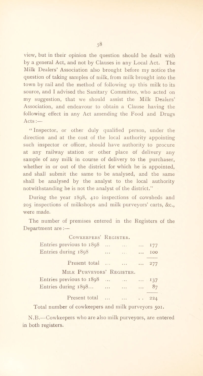 view, but in their opinion the question should be dealt with by a general Act, and not by Clauses in any Local Act. The Milk Dealers’ Association also brought before my notice the question of taking samples of milk, from milk brought into the town by rail and the method of following up this milk to its source, and I advised the Sanitary Committee, who acted on my suggestion, that we should assist the Milk Dealers’ Association, and endeavour to obtain a Clause having the following effect in any Act amending the Food and Drugs Acts :— “ Inspector, or other duly qualified person, under the direction and at the cost of the local authority appointing such inspector or officer, should have authority to procure at any railway station or other place of delivery any sample of any milk in course of delivery to the purchaser, whether in or out of the district for which he is appointed, and shall submit the same to be analysed, and the same shall be analysed by the analyst to the local authority notwithstanding he is not the analyst of the district.” During the year 1898, 410 inspections of cowsheds and 205 inspections of milkshops and milk purveyors’ carts, &c., were made. The number of premises entered in the Registers of the Department are Cowkeepers’ Register. Entries previous to 1898 ... ... ... 177 Entries during 1898 ... .. ... 100 Present total ... ... ... 277 Milk Purveyors’ Register. Entries previous to 1898 ... ... ... 137 Entries during 1898... ... ... ... 87 Present total ... ... . . 224 Total number of cowkeepers and milk purveyors 501. N.B.—Cowkeepers who are also milk purveyors, are entered in both registers.