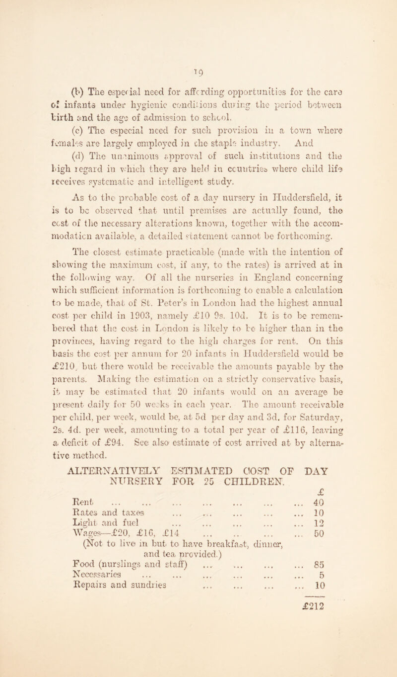 T9 (b) The especial need for affording opportunities for the care of infants under hygienic conditions during the period between birth and the age of admission to school. (c) The especial need for such provision in a town where females are largely employed in che staple industry. And (d) The unanimous approval of such institutions and the high xegard in which they are held in countries where child life receives systematic and intelligent study. As to the probable cost of a day nursery in Huddersfield, it is to be observed that until premises are actually found, the cost of the necessary alterations known, together with the accom¬ modation available, a detailed statement cannot be forthcoming. The closest estimate practicable (made with the intention of showing the maximum cost, if any, to the rates) is arrived at in the following way. Of all the nurseries in England concerning which sufficient information is forthcoming to enable a calculation to be made, that of St. Peter’s in London had the highest annual cost per child in 1003, namely £10 9s. lOd. It is to he remem¬ bered that the cost in London is likely to be higher than in the provinces, having regard to the high charges for rent. On this basis the cost per annum for 20 infants in Huddersfield would be .£210. hut there would be receivable the amounts payable by the parents. Making the estimation on a strictly conservative basis, it may be estimated that 20 infants would on an average be present daily for 50 weeks in each year. The amount receivable per child, per week, would he, at 5d per day and 3d. for Saturday, 2s. Ad. per week, amounting to a total per year of £116, leaving a. deficit of £94. See also' estimate of cost arrived at by altermv tive method. ALTERNATIVELY ESTIMATED COST OF DAY NURSERY FOR 25 CHILDREN. £ Rent ... ... ... ... ... ... ... 40 Rates and taxes ... ... ... ... ... 10 Light and fuel . . 12 Wages—£20, £16, £14 50 (Not to live in but to have breakfast, dinner, and tea, provided.) Food (nurslings and staff) .85 Necessaries ... ... ... ... ... ... 5 Repairs and sundries 10 £212