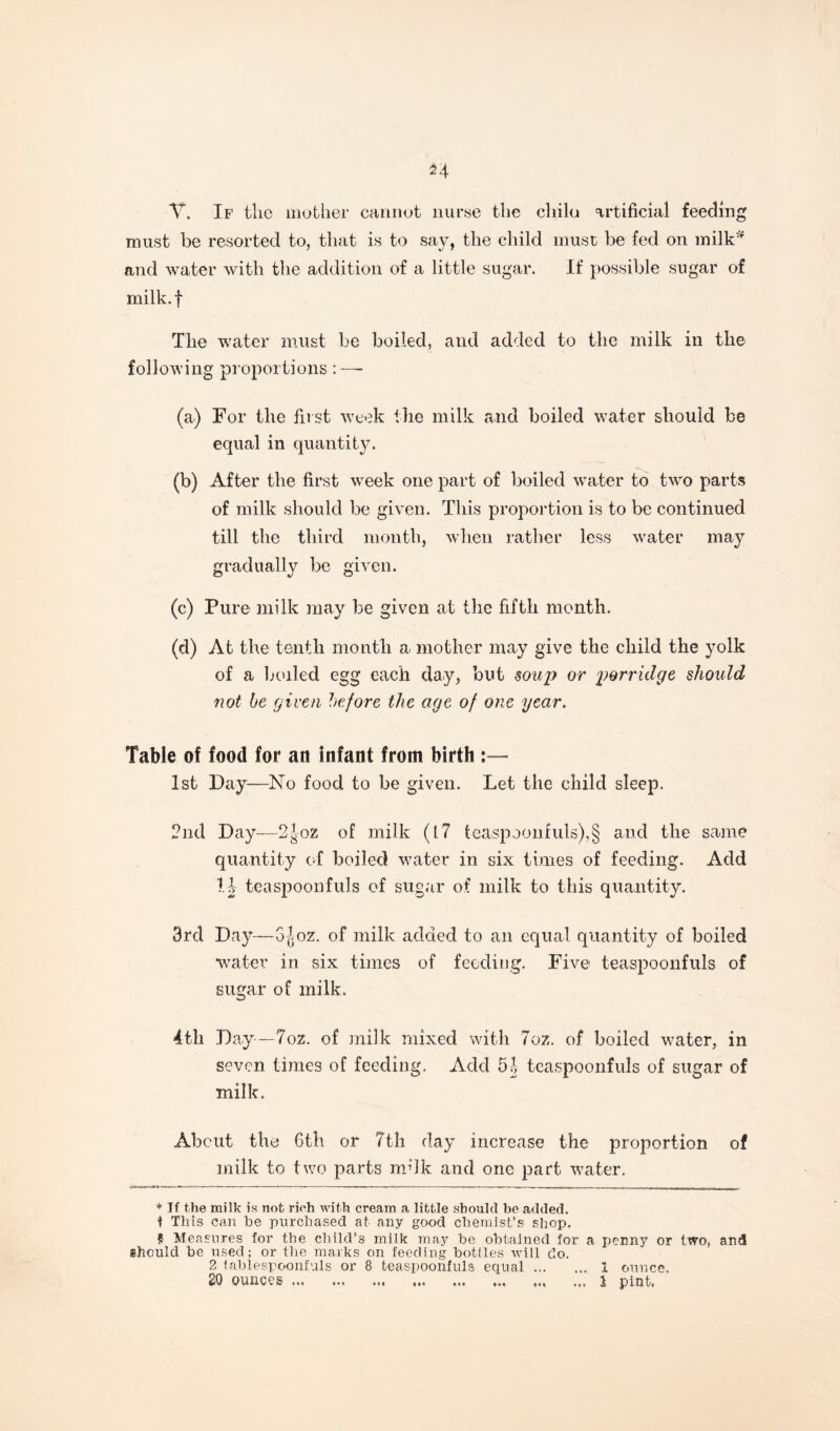 V. If the mother cannot nurse the chilu artificial feeding must be resorted to, that is to say, the child must be fed on milk* and water with the addition of a little sugar. If possible sugar of milk.f The water must be boiled, and added to the milk in the following proportions :—- (a) For the first week the milk and boiled water should be equal in quantity. (b) After the first week one part of boiled water to two parts of milk should be given. This proportion is to be continued till the third month, when rather less water may gradually be given. (c) Pure milk may be given at the fifth month. (d) At the tenth month a. mother may give the child the yolk of a boiled egg each day, but soup or porridge should not be given before the age of one yeo.r. Table of food for an infant from birth ~ 1st Day—No food to be given. Let the child sleep. 2nd Day—2joz of milk (17 teaspoonfuls),§ and the same quantity of boiled water in six times of feeding. Add H teaspoonfuls of sugar of milk to this quantity. 3rd Day—5Tloz. of milk added to an equal quantity of boiled water in six times of feeding. Five teaspoonfuls of sugar of milk. 4th Day—7oz. of jnilk mixed with 7oz. of boiled water, in seven times of feeding. Add 5| teaspoonfuls of sugar of milk. About the 6th or 7th day increase the proportion of milk to two parts mdk and one part water. * If the milk is not rich with cream a little should be added. 1 This can be purchased at any good chemist’s shop. § Measures for the child's milk may be obtained for a penny or two, and should be used; or the marks on feeding bottles will do. 2 tablespoonfuls or 8 teaspoonfuls equal. 1 ounce.