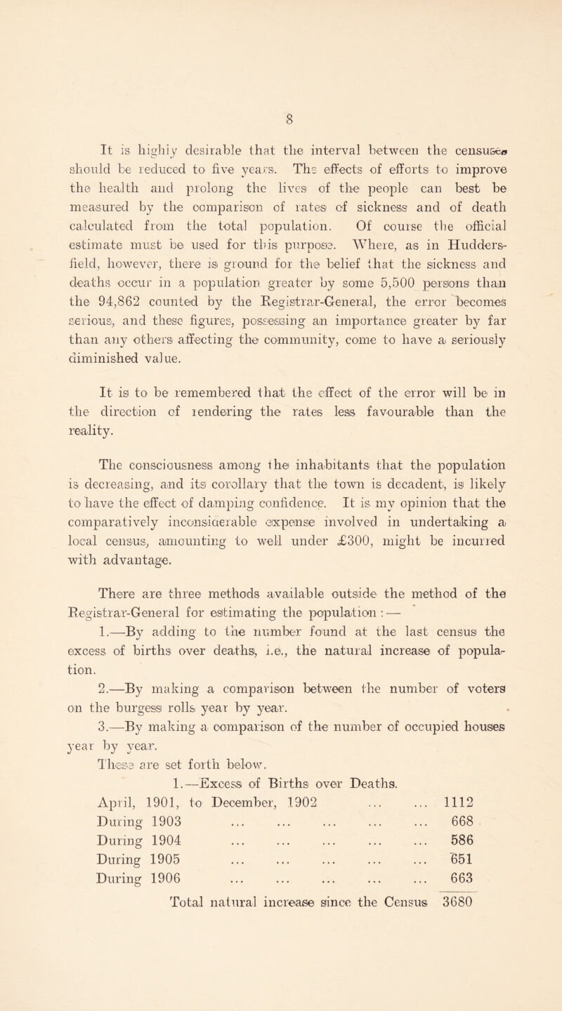 It is highly desirable that the interval between the censuses should be reduced to five years. The effects of efforts to improve the health and prolong the lives of the people can best be measured by the comparison of rates of sickness and of death calculated from the total population. Of course the official estimate must be used for this purpose. Where, as in Hudders¬ field, however, there is ground for the belief that the sickness and deaths occur in a population greater by some 5,500 persons than the 94,862 counted by the Registrar-General, the error becomes serious, and these figures, possessing an importance greater by far than any others affecting the community, come to have a seriously diminished value. It isi to be remembered that the effect of the error will be> in the direction of rendering the rates leas favourable than the reality. The consciousness among the inhabitants that the population is decreasing, and its corollary that the town is decadent, is likely to have1 the effect of damping confidence. It is my opinion that the comparatively inconsiderable expense involved in undertaking a local census:, amounting to well under £300, might he incurred with advantage. There are three methods available outside the method of the Registrar-General for estimating the population: — 1. —By adding to the number found at the last census the excess of births over deaths, i.e., the natural increase of popula¬ tion. 2. -—By making a comparison between the number of voters on the burgess rolhi year by year. 3. —By making a comparison of the number of occupied houses year by year. These are set forth below. 1.—Excess of Births: over Deaths. April, 1901, to December, 1902 . 1112 During 1903 . 668 During 1904 . . 586 During 1905 . . 651 During 1906 . 663 Total natural increase since the Census 3680