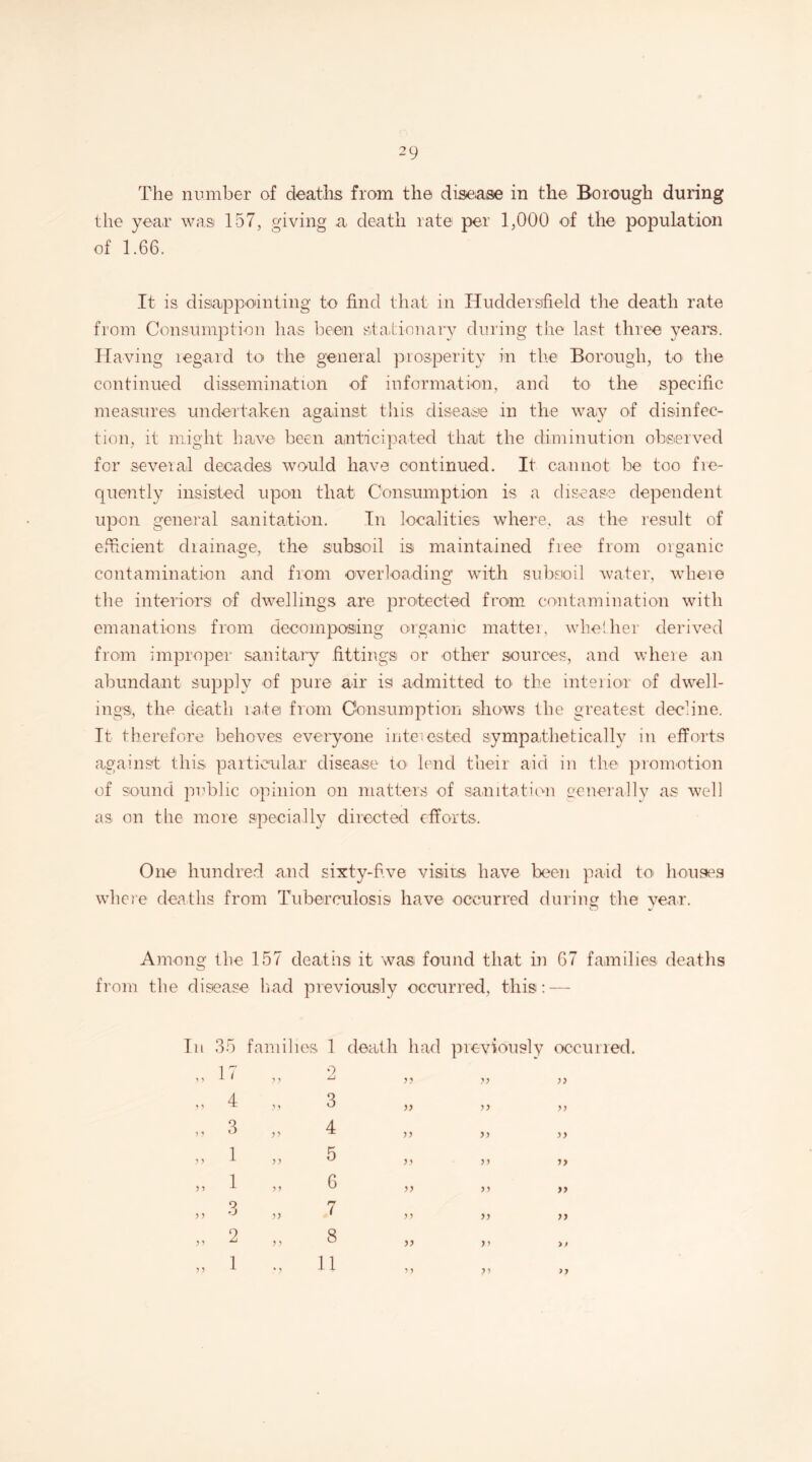 The number of deaths from the disease in the Borough during the year was 157, giving a death rate per 1,000 of the population of 1.66. It is disappointing to find that in Huddersfield the death rate from Consumption has been stationary during the last three years. Having regard to the general prosperity in tire Borough, to the continued dissemination of information, and to the specific measures undertaken against this disease in the way of disinfec¬ tion, it might have been anticipated that the diminution observed for several decades would have continued. It cannot be too fie- quently insisted upon that Consumption is a disease dependent upon general sanitation. In localities where, as the result of efficient drainage, the subsoil is maintained free from organic contamination and from overloading with subsoil water, wheie the interiors of dwellings are protected from contamination with emanations from decomposing organic matter, whether derived from improper sanitary fittings or other sources, and where an abundant supply of pure air is admitted to- the interior of dwell¬ ings, the death ratei from Consumption shows the greatest decline. It therefore behoves everyone interested sympathetically in efforts against this particular disease to lend their aid in the promotion of sound public opinion on matters of sanitation generally as well as on the more specially directed efforts. One hundred and sixty-five visits have been paid to houses wheie deaths from Tuberculosis have occurred during the year. Among the 157 deaths it was found that in 67 families deaths from the disease had previously occurred, this: — death had previously occurred. yy yy yy yy yy yy yy yy yy yy yy yy yy yy yy yy yy yy yy yy yy yy n 35 families 1 17 y y 2 4 y y 3 5 y 3 yy 4 y y 1 yy 5 y y 1 y y 6 yy 3 yy 7 y 5 2 y y 8 y y 1 • y li yy