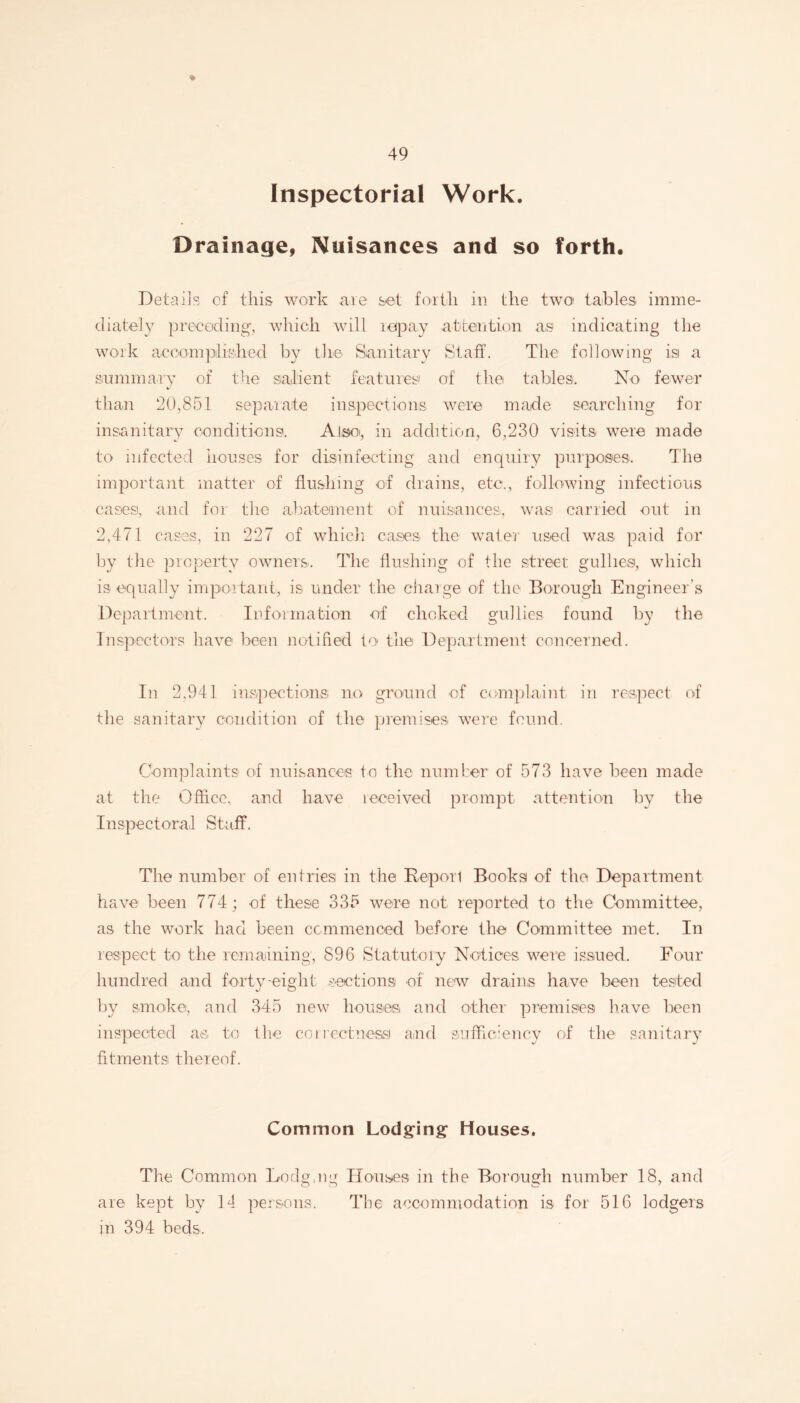 ♦ Inspectorial Work. Drainage, Nuisances and so forth. Details cf this work are set forth in the two tables imme¬ diate]}7 preceding, which will repay attention as indicating the woik accomplished by the Sanitary Staff. The following is a summary of the salient features of the tables. No fewer than 20,851 separate inspections were made searching for insanitary conditions. Also, in addition, 6,230 visits were made to infected houses for disinfecting and enquiry purposes. The important matter of flushing of drains, etc., following infectious cases, and for the abatement of nuisances, was carried out in 2,471 cases, in 227 of which cases the water used was paid for by the property owners. The flushing of the street gullies, which is equally important, is under the charge of the Borough Engineer’s Department. Information of choked gullies found by the Inspectors have been notified to the Department concerned. In 2,941 inspections no ground of complaint in respect of the sanitary condition of the premises were found. Complaints of nuisances to the number of 573 have been made at the Office, and have received prompt attention by the Inspectoral Staff. The number of entries in the Repori Books of the Department have been 774; of these 335 were not reported to the Committee, as the work had been commenced before the Committee met. In respect to the remaining, 896 Statutory Notices, were issued. Four hundred and forty-eight sections of new drains have been tested by smoke, and 345 new houses and other premises have been inspected as to the correctness and sufficiency of the sanitary fitments thereof. Common Lodging Houses. The. Common Lodgmg Houses in the Borough number 18, and are kept by 14 persons. The accommodation is for 516 lodgers in 394 beds.
