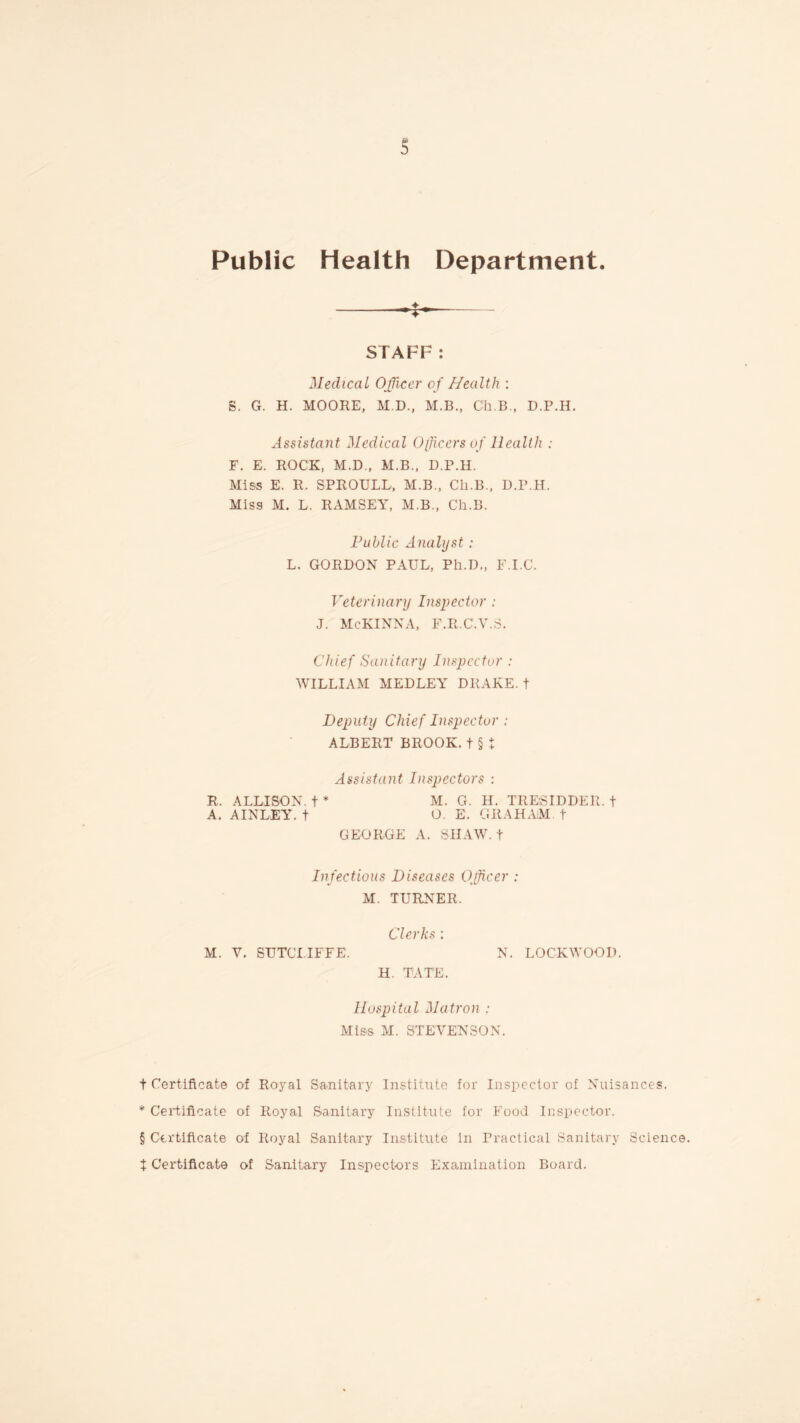 Public Health Department ♦ STAFF: Medical Officer of Health : S. G. H. MOORE, M.D., M.B., Ch.B., D.P.H. Assistant Medical Officers of Health : F. E. ROCK, M.D., M.B., D.P.H. Miss E. R. SPROULL, M.B., Ch.B., D.P.H. Miss M. L. RAMSEY, M.B., Ch.B. Public Analyst: L. GORDON PAUL, Ph.D., F.I.C. Veterinary Inspector : J. McKINNA, F.R.C.V.S. Chief Sanitary Inspector : WILLIAM MEDLEY DRAKE, t Deputy Chief Inspector : ALBERT BROOK, t § J Assistant Inspectors : R. ALLISON, t * A. AINLEY. t M. G. H. TRESIDDER. t O. E. GRAHAM, t GEORGE A. SHAW, t Infectious Diseases Officer : M. TURNER. Clerks : M. V. SUTCLIFFE. N. LOCKWOOD. H. TATE. Hospital Matron : Miss M. STEVENSON. t Certificate of Royal Sanitary Institute for Inspector of Nuisances. * Certificate of Royal Sanitary Institute for Food Inspector. § Certificate of Royal Sanitary Institute in Practical Sanitary Science.