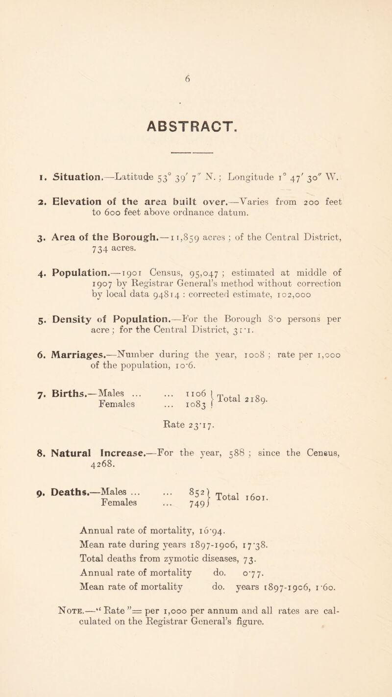 ABSTRACT. 1. Situation,—-Latitude 530 39' 7'' N.; Longitude i° 47' 30 W. 2. Elevation of the area built over.—Varies from 200 feet to 600 feet above ordnance datum. 3. Area of the Borough.—11,859 acres ; of the Central District, 734 acres. 4. Population.—1901 Census, 95,047 ; estimated at middle of 1907 by Registrar General’s method without correction by local data 94814 : corrected estimate, 102,000 5. Density of Population.—dor the Borough 8-o persons per acre; for the Central District, 3 r • 1. 6. Marriages.—Number during the year, 1008 ; rate per 1,000 of the population, 10-6. 7. Births.—Males ... Females 1 ; Total 2189. 1083 i y Rate 23*17. 8. Natural Increase.—For the year, 588 ; since the Census, 4268. 9. Deaths.—Male*? ... Females ^2i Total 1601. 749) Annual rate of mortality, 16*94. Mean rate during years 1897-1906, 17*38. Total deaths from zymotic diseases, 73. Annual rate of mortality do. 0‘77- Mean rate of mortality do. years 1897-1906, i*6o. Note.—“ Rate ”= per 1,000 per annum and all rates are cal¬ culated on the Registrar General’s figure.