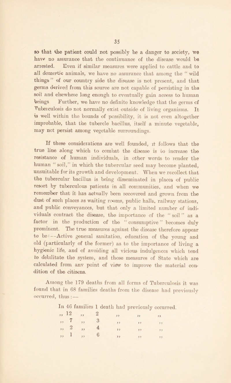 so that the patient could not possibly be a danger to society, we havf’ no assurance that the contintiance of the disease would be arrested. Even if similar measures were applied to cattle and to all domestic animals, we have no assurance that among the “ wild things of our country side the disease is not present, and that germs derived from this source are not capable of persisting in the soil and elsewhere long enough to eventually gain access tot human being's Further, we have no- definite knowledge that the germs of Tuberculosis do not normally exist outside of living organisms. It is well within the bounds of pcssibility, it is rrct everr altogether improbable, that the tubercle bacillus, itself a minute vegetable, may not persist among vegetable surroundings. If these considerations are well founded, rt follows that the true line along which toi combat the disease is to increase the resistance of human individuals, hr other words to- render the hurrran “ soil,’’ in which the tirbercular seed may become planted, unsuitable for its growth and development. Wherr we recollect that the tubercular bacillus is being dissemirrated in places of public resort by tuljerculous patients in all commurrities, arrd when we rememjber that it has actually been recovered and growrr from the dust of such places as waiting rooms, public halls, railway stations, and public conveyances, hut that only a limited rrumber of indi¬ viduals coirtracb the disease, the importance of the “ soil ” as a factor in the production of the consumptive ” beeomes duly prominent. The true measures against the disease therefore appear to be: —Active general sanitatiorr, edircation of the young and old (particular!}^ of the former) as to the importance of living a hygienic life, and of avoidirrg all vicious irrdulgences which tend to debrlitate the system, and those measures of State which are calculated from anv point of view to improve the material con¬ dition of the citizens. Among the 179 deaths from all forms of Tirherculosis it was found that in 68 families deaths fi’onr the disease had previously occrrrrecl, thus: — In 46 families 1 death „ 12 >> y, 7 >> 2 )> 1 yy 2 3 4 6 had previously occurred. }} }} }}