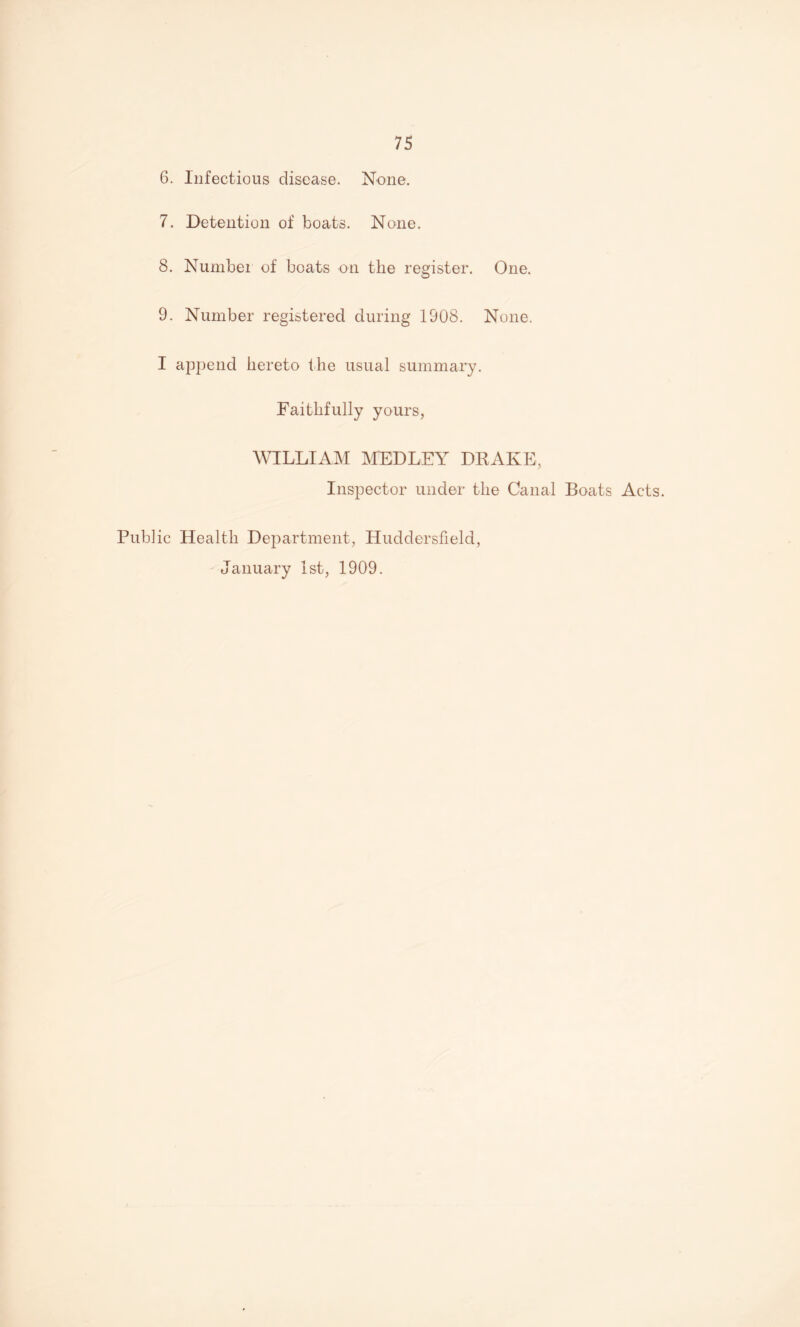 6. Infectious disease. None. 7. Detention of boats. None. 8. Numbei of boats on the register. One. 9. Number registered during 1908. None. I append hereto the usual summary. Faithfully yours, WILLIAM IMFDLEY DRAKE, Inspector under the Canal Boats Acts. Public Health Department, Huddersfield, 'January Ist, 1909.