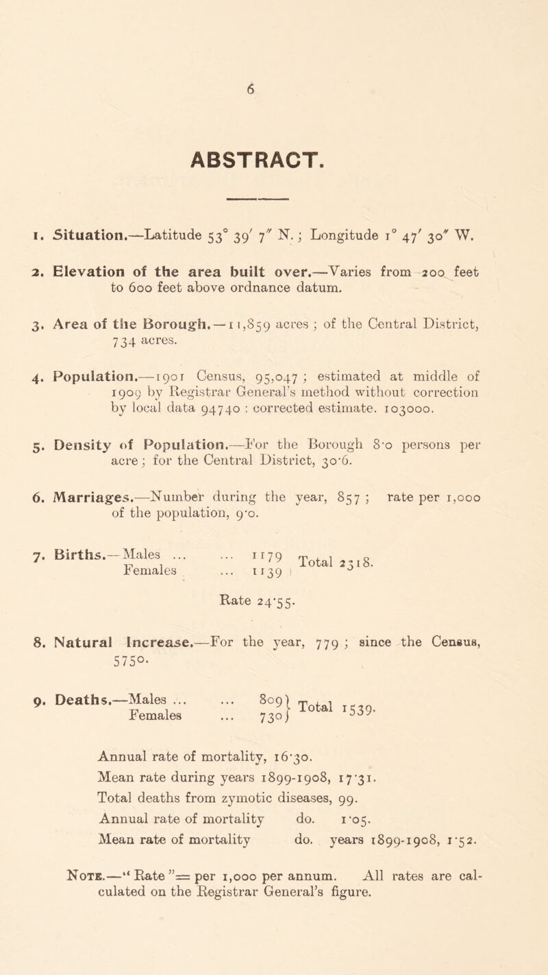 ABSTRACT. 1. Situation.—Latitude 530 39' 7 N.; Longitude i° 47' 30* W. 2. Elevation of the area built over.—Varies from 200 feet to 600 feet above ordnance datum. 3. Area of the Borough. — 11,859 acres ; of the Central District, 734 acres. 4. Population.—1901 Census, 95,047 ; estimated at middle of 1909 by Registrar General's method without correction by local data 94740 : corrected estimate. 103000. 5. Density of Population.-—For the Borough 8*0 persons per acre; for the Central District, 30*6. 6. Marriages.—Number during the year, 857 ; rate per 1,000 of the population, 9*0. ••• 1179 Total 2518. ... 1139 i J Rate 24*55. 8. Natural Increase.—For the year, 779 ; since the Census, 575°. o. Deaths.—Males ... ... 809} . , Females ... 73°J Totai XS39- Annual rate of mortality, 16*30. Mean rate during years 1899-1908, 17'31. Total deaths from zymotic diseases, 99. Annual rate of mortality do. 1*05. Mean rate of mortality do. years 1899-1908, 1*52. 7, Births.—Males . Females Note.—“ Rate ”== per 1,000 per annum. All rates are cal¬ culated on the Registrar General’s figure.