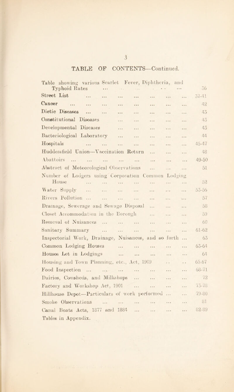 TABLE OF CONTENTS—Continued. Table showing various Scarlet Fever, Diphtheria, and Typhoid Hates ••• -■ ••• • • 36 Street List 37-41 Canoer 42 Dietic Diseases ... ... ... ... ... ... ... 43 Constitutional Diseases ... ... ... ... ... 43 Developmental Diseases ... ... ... ... ... 43 Bacteriological Laboratory ... ... ... ... ... 44 Hospitals ... ... ... ... ... ... ... 45-47 Huddersfield Union—Vaccination Return ... ... ... 48 Abattoirs ... ... ... ... ... .., ... ... 49-50 Abstract of Meteorological Observations ... ... ... 51 Number of Lodgers using Corporation Common Lodging House ... ... ... ... ... ... ... 52 Mater Supply ... ... ... ... ... ... ... 53-56 Rivers Pollution ... ... ... ... ... ... ... 57 Drainage, Sewerage and Sewage Disposal ... ... ... 58 Closet Accommodation in the Borough ... ... ... 59 Removal of Nuisances ... ... ... ... ... ... 60 Sanitary Summary ... ... ... ... ... ... 61-62 Inspectorial M'ork, Drainage, Nuisances, and so forth ... 63 Common Lodging Houses ... ... ... ... ... 63-64 Houses Let in Lodgings ... ... ... ... ... 64 Housing and Town Planning, etc., Act, 1909 .. .. 65-67 Food Inspection ... ... ... ... ... ... ... 68-71 Dairies, Cowsheds, and Milkshops ... ... ... ... 72 Factory and Workshop Act, 1901 ... ... ... ... 73-78 Hillhouse Depot'—Particulars of work performed ... ... 79-80 Smoke Observations ... ... ... ... ... ••• 81 Canal Boats Acts, 1877 and 1884 ... ... ... ... 82-89 Tables in Appendix.