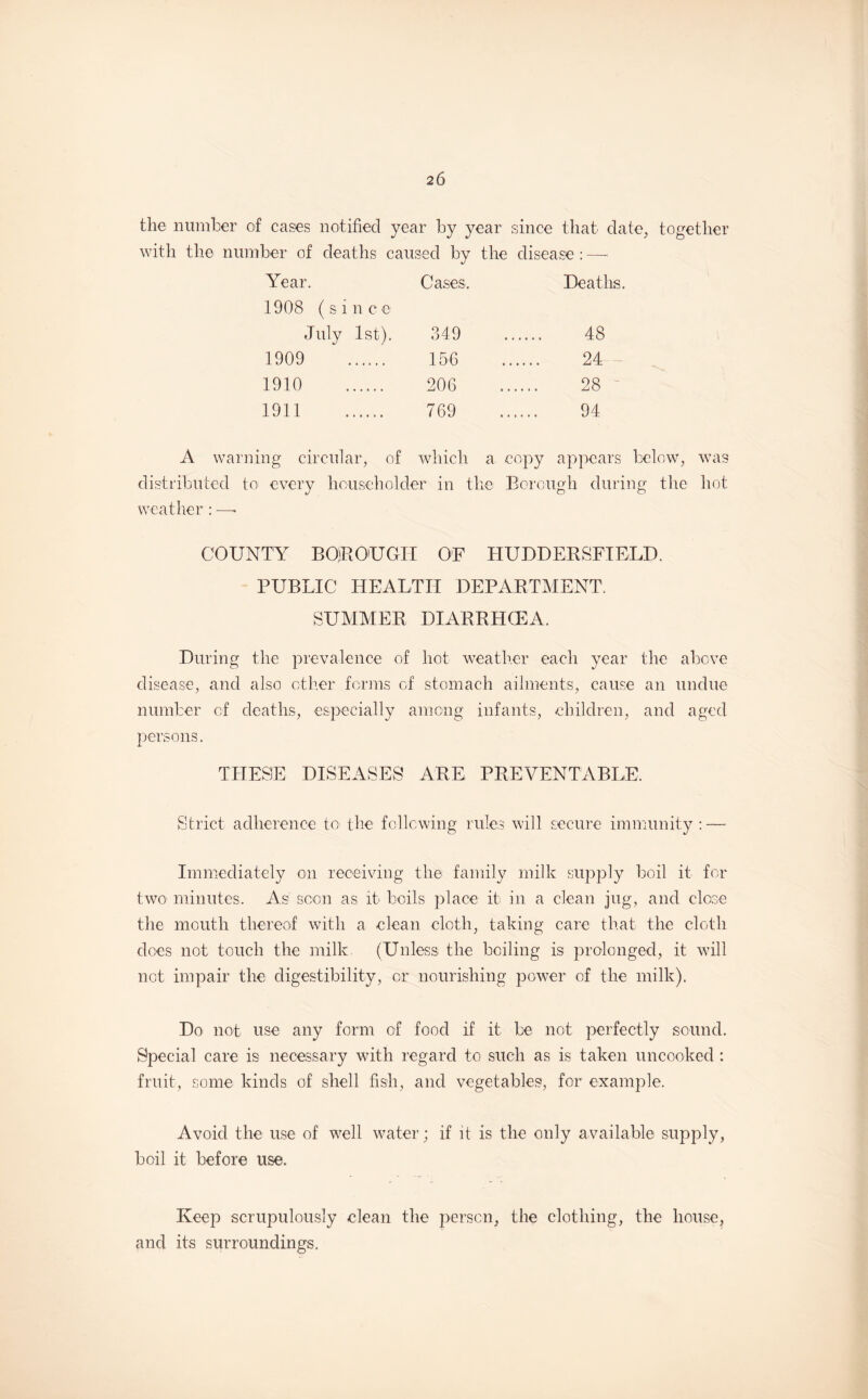the number of cases notified year by year since that date, together with the number of deaths caused by the disease : — Year. Cases, Deaths. 1908 (since July 1st). 349 48 1909 . 156 24 1910 . 206 28 1911 . 769 94 A warning circular, of which a copy appears below, was distributed to every householder in the Borough during the hot weather : —• COUNTY BOROUGH OF HUDDERSFIELD. PUBLIC HEALTH DEPARTMENT. SUMMER DIARRHCEA. During the prevalence of hot weather each year the above disease, and also other forms of stomach ailments, cause an undue number of deaths, especially among infants, children, and aged persons. THESE DISEASES ARE PREVENTABLE. Strict adherence to the following rules will secure immunity : — Immediately on receiving the family milk supply boil it for two minutes. As scon as it boils place it in a clean jug, and close the mouth thereof with a clean cloth, taking care that the cloth does not touch the milk (Unless the boiling is prolonged, it will not impair the digestibility, or nourishing power of the milk). Do not use any form of food if it be not perfectly sound. Special care is necessary with regard to such as is taken uncooked : fruit, some kinds of shell fish, and vegetables, for example. Avoid the use of well water; if it is the only available supply, boil it before use. Keep scrupulously clean the person, the clothing, the house, and its surroundings.