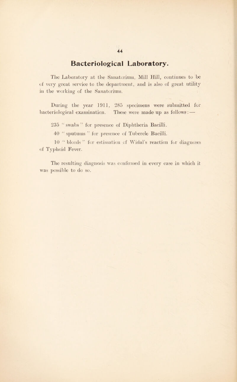 Bacteriological Laboratory. The Laboratory at the Sanatorium, Mill Hill, continues to be of very great service to the department, and is- also of great utility in the working of the Sanatorium. During the year 1911, 285 specimens were submitted for bacteriological examination. These were made up as follows : — 235 “swabs” for presence of Diphtheria Bacilli. 40 “ sputums ” for presence of Tubercle Bacilli. of Typhoid Fever. The resulting diagnosis was confirmed in every case in which it was possible to do so.