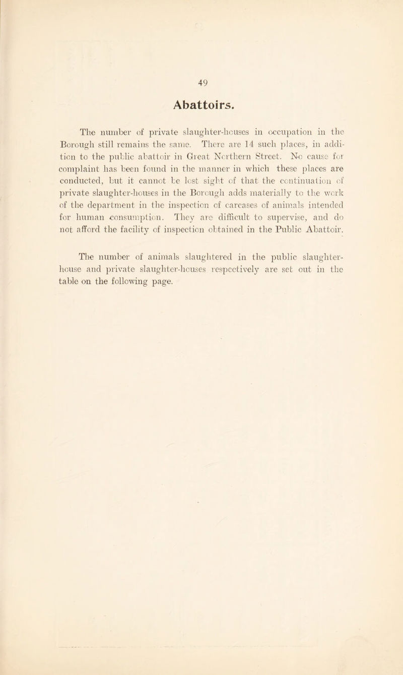 Abattoirs. The number of private slaughter-houses in occupation in the Borough still remains the same. There are 14 such places, in addi¬ tion to the public abattoir in Great Northern Street. No cause for complaint has been found in the manner in which these places are conducted, but it cannot be lost sight of that the continuation of private slaughter-houses in the Borough adds materially to the work of the department in the inspection of carcases of animals intended for human consumption. They are difficult to supervise, and do not afford the facility of inspection obtained in the Public Abattoir. The number of animals slaughtered in the public slaughter¬ house and private slaughter-houses respectively are set out in the table on the following page.
