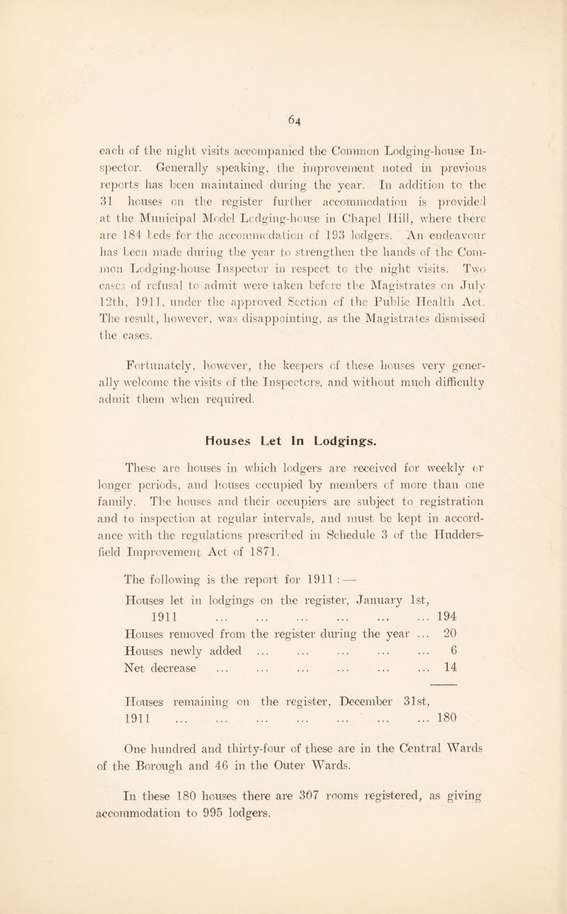 each of the night visits accompanied the Common Lodging-house In¬ spector. Generally speaking, the improvement noted in previous reports has been maintained during the year. In addition to the 31 houses on the register further accommodation is provided at the Municipal Model Lcclging-house in Chapel Hill, where there are 184 heels for the accommodation ci 193 lodgers. An endeavour has been made during the year to strengthen the hands of the Com¬ mon Lodging-house Inspector in respect to the night visits. Two cases of refusal to admit were taken before the Magistrates on July 12th, 1911, under the approved Section of the Public Health Act. The result, however, was disappointing, as the Magistrates dismissed the cases. Fortunately, however, the keepers of these houses very gener¬ ally welcome the visits of the Inspectors', and without much difficulty admit them when required. Houses Let In Lodging's, These are houses in which lodgers are received for weekly or longer periods, and houses occupied by members of more than one family. The houses and their occupiers are subject to registration and to inspection at regular intervals, and must be kept in accord¬ ance with the regulations prescribed in Schedule 3 of the Hudders¬ field Improvement. Act of 1871. The following is the report for 1911 : — Houses let in 1911 lodgings on the register, January 1st, .194 Houses removed from the register during the year ... 20 Houses newly added ... ... ... ... ... 6 Net decrease ... ... ... ... ... ... 14 Houses remaining on the register, December 31st, 1911 . .180 One hundred and thirty-four of these are in the Central Wards of the Borough and 46 in the Outer Wards. In these 180 houses there are 307 rooms registered, as giving accommodation to 995 lodgers.