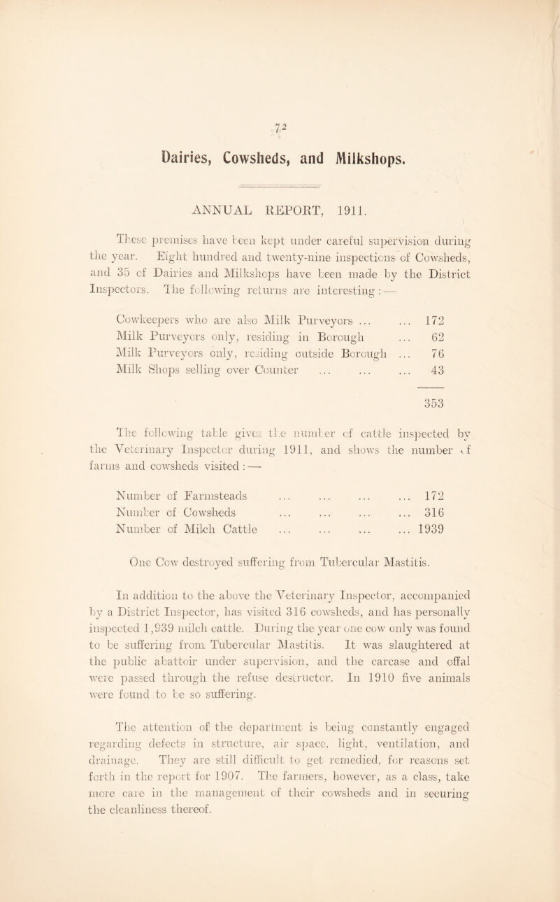 Dairies, Cowsheds, and Milkshops. ANNUAL REPORT, 1911. These premises have teen kept under careful supervision during the year. Eight hundred and twenty-nine inspections of Cowsheds, and 35 of Dairies and Milkshops have been made by the District Inspectors. The following returns are interesting:-— Cowkeepers who are also Milk Purveyors ... ... 172 Milk Purveyors only, residing in Borough ... 62 Milk Purveyors only, residing outside Borough ... 76 Milk Shops selling over Counter ... ... ... 43 353 The following table gives the number of cattle inspected bv the Veterinary Inspector during 1911, and shows the number vf farms and cowsheds visited : — Number of Farmsteads ... ... ... ... 172 Number of Cowsheds ... ... ... ... 316 Number of Milch Cattle ... ... ... ...1939 One Cow destroyed suffering from Tubercular Mastitis. In addition to the above the Veterinary Inspector, accompanied by a District Inspector, has visited 316 cowsheds, and has personally inspected 1,939 milch cattle. During the year one cow only was found to be suffering from Tubercular Mastitis. It was slaughtered at the public abattoir under supervision, and the carcase and offal were passed through the refuse destructor. In 1910 five animals were found to be so suffering. The attention of! the department is being constantly engaged regarding defects' in structure, air space, light, ventilation, and drainage. They are still difficult to get remedied, for reasons set forth in the report for 1907. The farmers, however, as a class, take more care in the management of their cowsheds and in securing the cleanliness thereof.