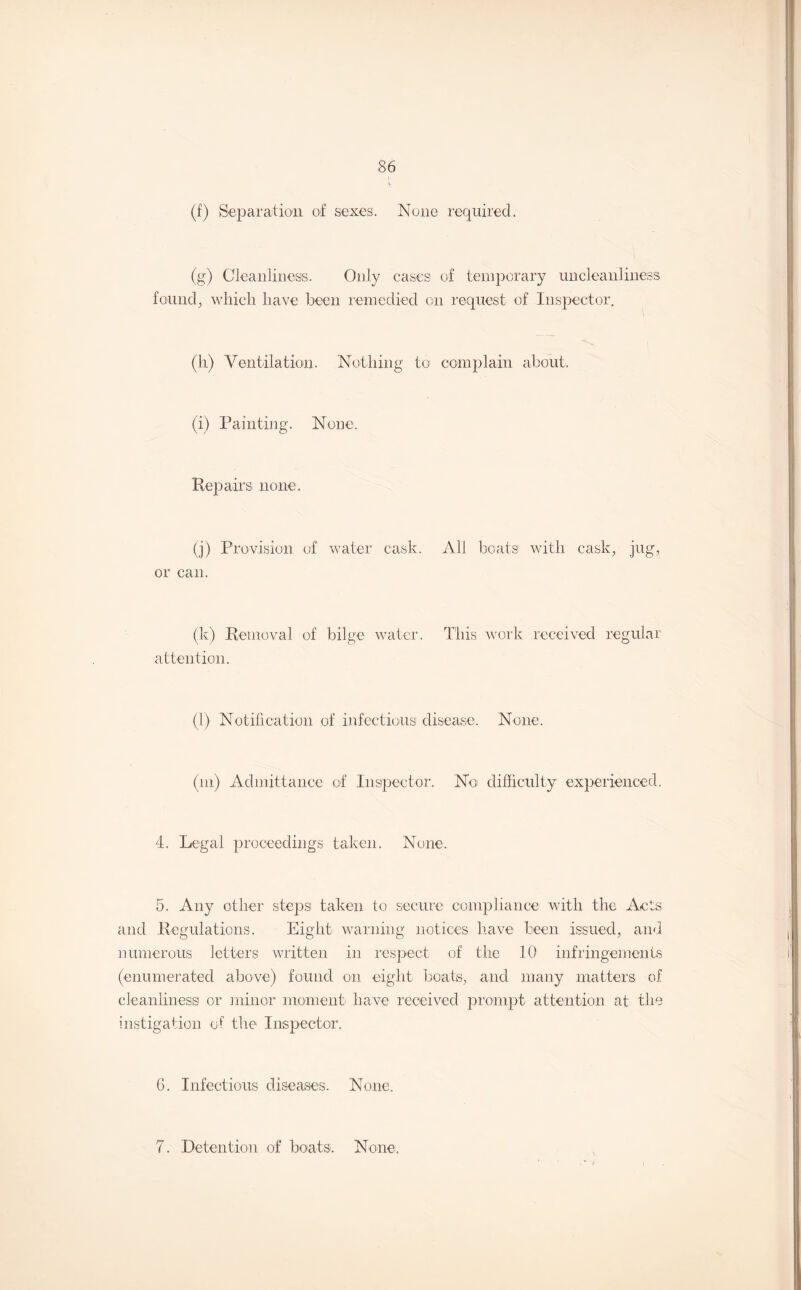 86 (f) Separation of sexes. None required. (g) Cleanliness. Only cases of temporary uncleanliness found, which have been remedied on request of Inspector; (h) Ventilation. Nothing to complain about. (i) Painting. None. Hep airs none. (j) Provision of water cask. All boats with cask, jug, or can. (k) Removal of bilge water. This work received regular attention. (1) Notification of infectious disease. None. (m) Admittance of Inspector. Noi difficulty experienced. 4. Legal proceedings taken. None. 5. Any other steps taken to secure compliance with the Acts and Regulations. Eight warning notices have been issued, and numerous letters written in respect of the 10 infringements (enumerated above) found on eight boats, and many matters of cleanliness or minor moment' have received prompt attention at the instigation of the Inspector. 6. Infectious diseases. None.