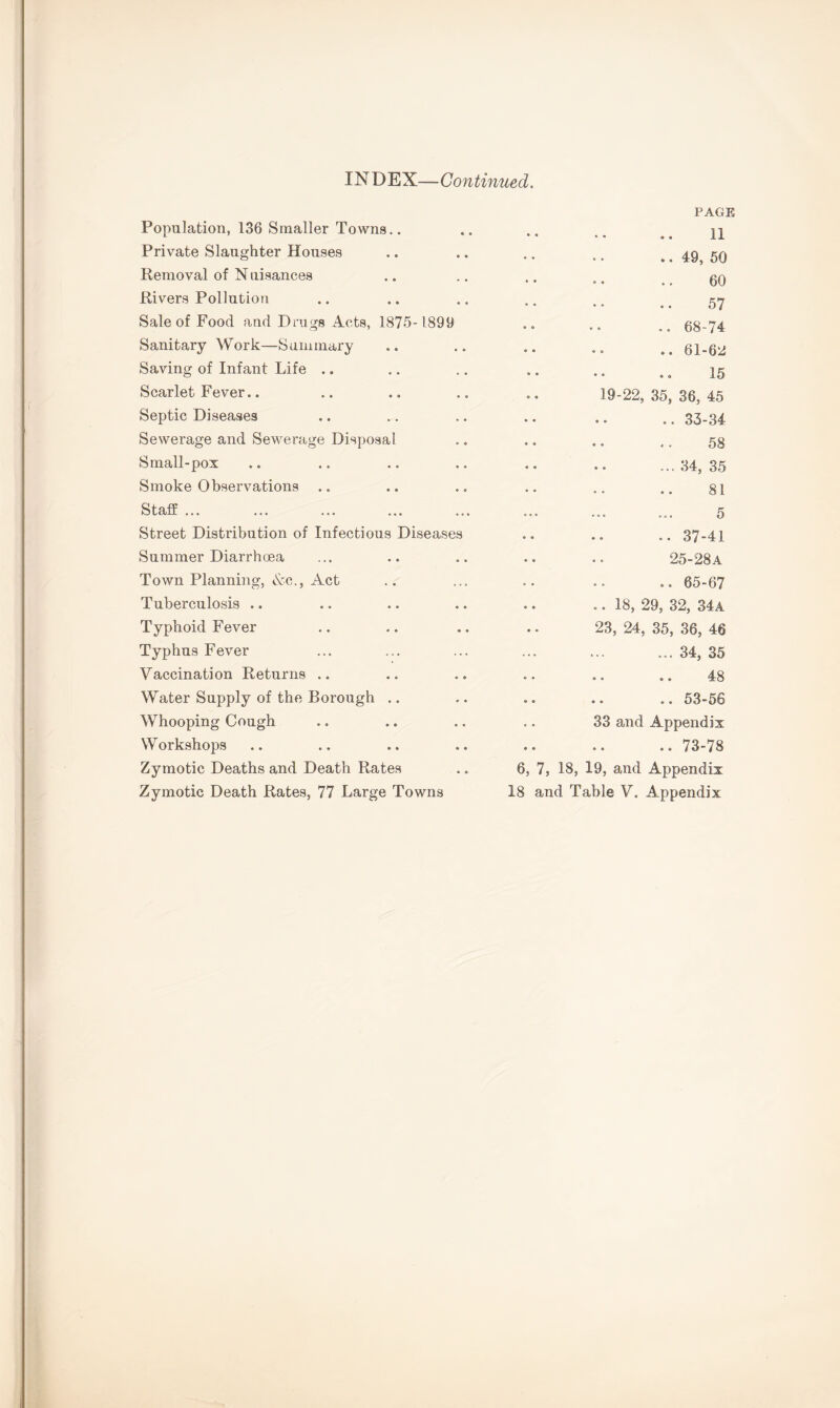 Population, 136 Smaller Towns.. Private Slaughter Houses Removal of Nuisances Rivers Pollution Sale of Food and Drugs Acts, 1875-1899 Sanitary Work—Summary Saving of Infant Life Scarlet Fever.. Septic Diseases Sewerage and Sewerage Disposal Small-pox Smoke Observations Std ... ... ... ... . Street Distribution of Infectious Diseases Summer Diarrhoea Town Planning, &c., Act Tuberculosis .. Typhoid Fever Typhus Fever Vaccination Returns .. Water Supply of the Borough .. Whooping Cough Workshops Zymotic Deaths and Death Rates PAGE 11 *. 49, 50 * • • • .. 60 57 .. 68-74 • • • • .. 61-62 ® ° ®o 15 19-22, 35, 36, 45 *• • • .. 33-34 58 ...34,35 81 ... ... ... 5 .. 37-41 25-28A .. 65-67 .. 18, 29, 32, 34a 23, 24, 35, 36, 46 ... 34, 35 • • ® * © * 48 .. 53-56 33 and Appendix .. 73-78 6, 7, 18, 19, and Appendix