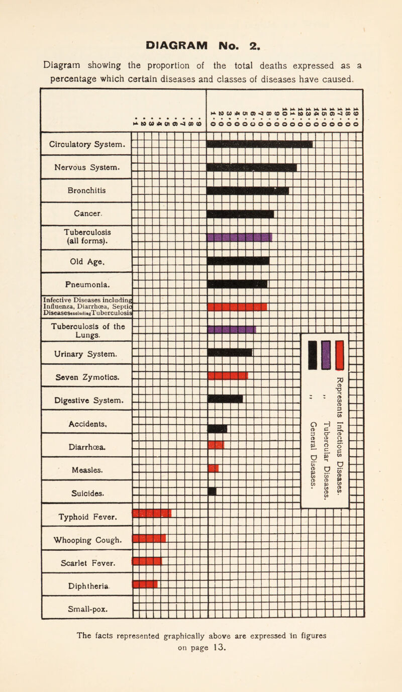 Diagram showing the proportion of the total deaths expressed as a percentage which certain diseases and classes of diseases have caused. The facts represented graphically above are expressed in figures on page 13.