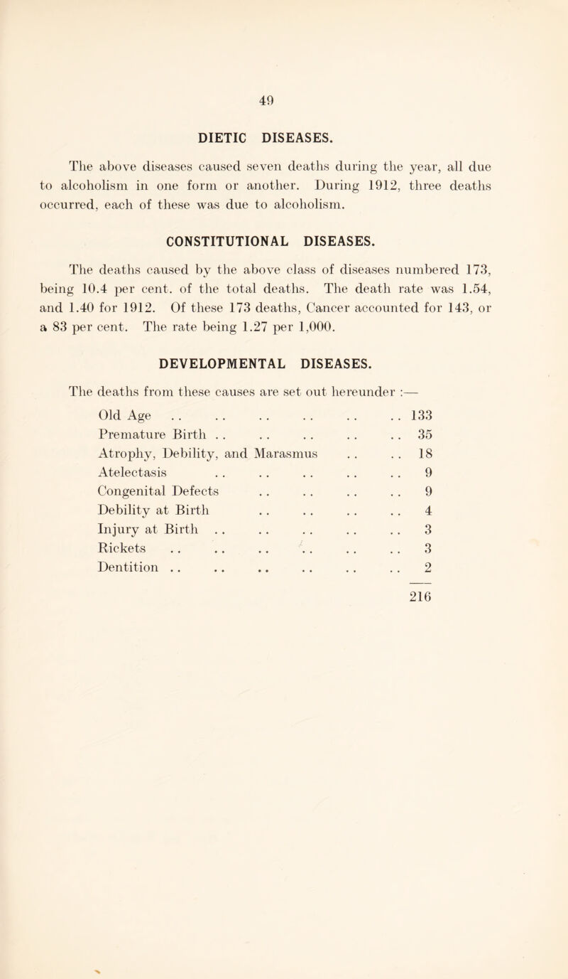 DIETIC DISEASES. The above diseases caused seven deaths during the year, all due to alcoholism in one form or another. During 1912, three deaths occurred, each of these was due to alcoholism. CONSTITUTIONAL DISEASES. The deaths caused by the above class of diseases numbered 173, being 10.4 per cent, of the total deaths. The death rate was 1.54, and 1.40 for 1912. Of these 173 deaths, Cancer accounted for 143, or a 83 per cent. The rate being 1.27 per 1,000. DEVELOPMENTAL DISEASES. The deaths from these causes are set out hereunder :— Old Age • • • • • • .. 133 Premature Birth . . • • • • • • .. 35 Atrophy, Debility, and Marasmus . . 18 Atelectasis • • • • • • 9 Congenital Defects • • • • • • 9 Debility at Birth • • • • » * 4 Injury at Birth • • • • • • 3 Rickets • • • • • • 3 Dentition . . • • • • • • 2