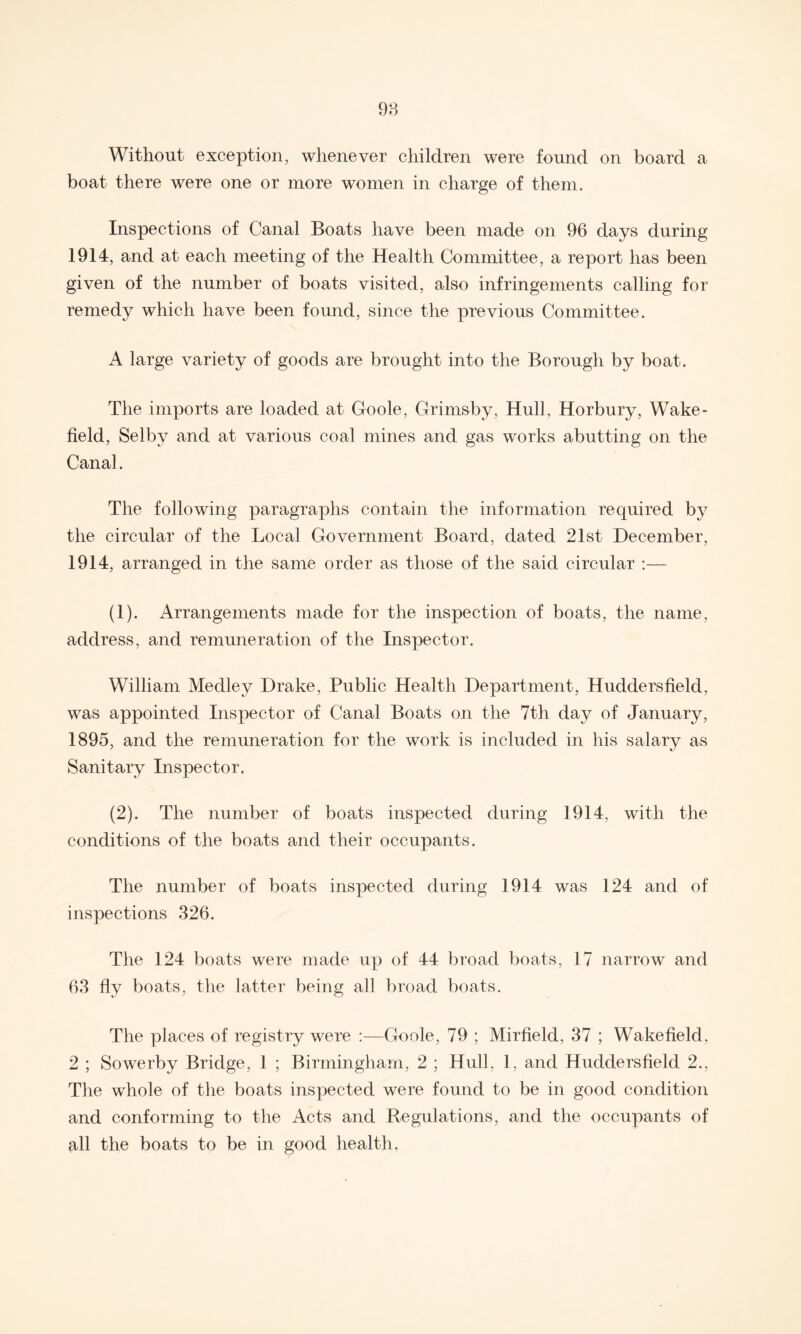 boat there were one or more women in charge of them. Inspections of Canal Boats have been made on 96 days during 1914, and at each meeting of the Health Committee, a report has been given of the number of boats visited, also infringements calling for remedy which have been found, since the previous Committee. A large variety of goods are brought into the Borough by boat. The imports are loaded at Goole, Grimsby, Hull, Horbury, Wake¬ field, Selby and at various coal mines and gas works abutting on the Canal. The following paragraphs contain the information required by the circular of the Local Government Board, dated 21st December, 1914, arranged in the same order as those of the said circular :— (1) . Arrangements made for the inspection of boats, the name, address, and remuneration of the Inspector. William Medley Drake, Public Health Department, Huddersfield, was appointed Inspector of Canal Boats on the 7th day of January, 1895, and the remuneration for the work is included in his salary as Sanitary Inspector. (2) . The number of boats inspected during 1914, with the conditions of the boats and their occupants. The number of boats inspected during 1914 was 124 and of inspections 326. The 124 boats were made up of 44 broad boats, 17 narrow and 63 fly boats, the latter being all broad boats. The places of registry were :—Goole, 79 ; Mirfield, 37 ; Wakefield, 2 ; Sowerby Bridge, 1 ; Birmingham, 2 ; Hull, 1, and Huddersfield 2., The whole of the boats inspected were found to be in good condition and conforming to the Acts and Regulations, and the occupants of all the boats to be in good health.