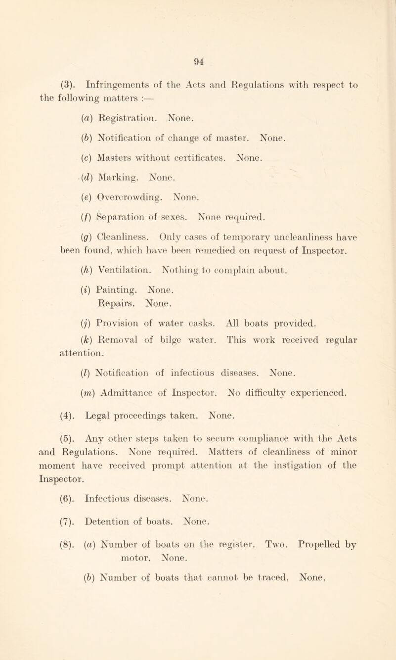 (3) . Infringements of the Acts and Regulations with respect to the following matters :— (a) Registration. None. (b) Notification of change of master. None. (c) Masters without certificates. None. (d) Marking. None. (e) Overcrowding. None. (/) Separation of sexes. None required. (g) Cleanliness. Only cases of temporary uncleanliness have been found, which have been remedied on request of Inspector. (h) Ventilation. Nothing to complain about. (i) Painting. None. Repairs. None. (j) Provision of water casks. All boats provided. (k) Removal of bilge water. This work received regular attention. (l) Notification of infectious diseases. None. (m) Admittance of Inspector. No difficulty experienced. (4) . Legal proceedings taken. None. (5) . Any other steps taken to secure compliance with the Acts and Regulations. None required. Matters of cleanliness of minor moment have received prompt attention at the instigation of the Inspector. (6). Infectious diseases. None. (7). Detention of boats. None. (8). (a) Number of boats on the register, motor. None. Two. Propelled by (ib) Number of boats that cannot be traced. None.