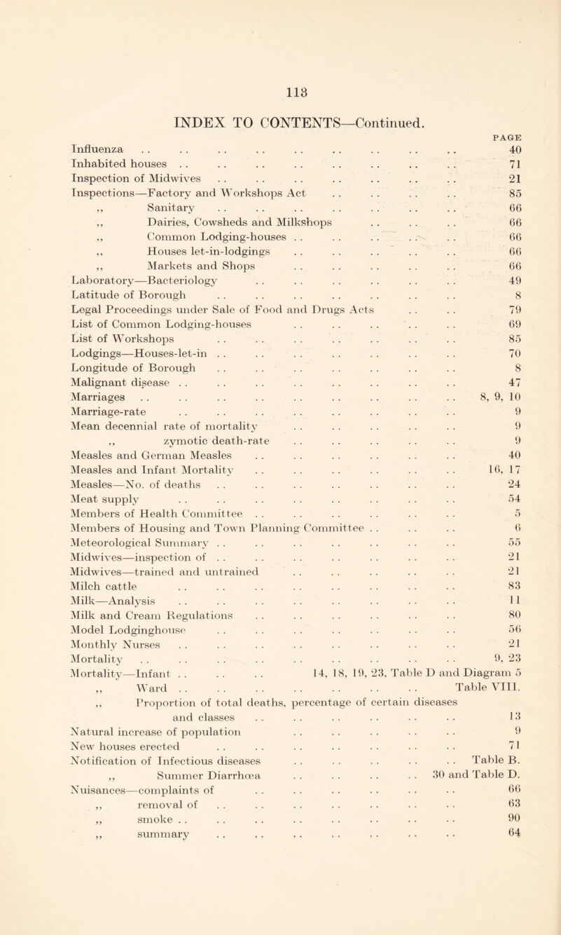 118 INDEX TO CONTENTS—Continued. PAGE Influenza . . . . . . . . . . . . . . . . . . 40 Inhabited houses . . . . . . . . . . . . .. . . 71 Inspection of Midwives . . . . . . . . . . . . . . 21 Inspections—Factory and Workshops Act . . . . . . . . 85 ,, Sanitary . . . . . . . . . . . . . . 66 ,, Dairies, Cowsheds and Milkshops . . . . . . 66 ,, Common Lodging-houses . . . . . . . . . . 66 ,, Houses let-in-lodgings . . . . . . . . . . 66 ,, Markets and Shops . . . . . . . . . . 66 Laboratory—Bacteriology . . . . . . . . . . . . 49 Latitude of Borough . . . . . . . . . . . . . . 8 Legal Proceedings under Sale of Food and Drugs Acts . . . . 79 List of Common Lodging-houses . . . . . . . . . . 69 List of Workshops . . . . . . . . . . . . . . 85 Lodgings—Houses-let-in . . . . . . . . . . . . . . 70 Longitude of Borough . . . . . . . . . . . . . . 8 Malignant disease . . . . . . . . . . . . . . . . 47 Marriages . . . . . . . . . . . . . . . . . . 8, 9, 10 Marriage-rate . . . . . . . . . . . . . . . . 9 Mean decennial rate of mortality . . . . . . . . . . 9 ,, zymotic death-rate . . . . . . . . . . 9 Measles and German Measles . . . . . . . . . . . . 40 Measles and Infant Mortality . . . . . . . . . . . . 16, 17 Measles—No. of deaths . . . . . . . . . . . . . . 24 Meat supply . . . . . . . . . . . . . . . . 54 Members of Health Committee . . . . . . . . . . . . 5 Members of Housing and Town Planning Committee . . . . . . 6 Meteorological Summary . . . . . . . . . . . . . . 55 Midwives—inspection of . . . . . . . . . . . . . . *21 Midwives—trained and untrained . . . . . . . . . . 21 Milch cattle . . . . . . . . . . . . . . . • 83 Milk—Analysis . . . . . . . . . . . . . . . • 11 Milk and Cream Regulations . . . . . . . . . . . . 80 Model Lodginghouse . . . . . . . . . . . . . . 56 Monthly Nurses . . . . . . . . . . . . • ■ • • 21 Mortality . . . . . . . . . . . . . . . . . . 9, 23 Mortality—Infant . . . . . . 14, 18, 19, 23, Table D and Diagram 5 ,, Ward. Table VIII. ,, Proportion of total deaths, percentage of certain diseases and classes . . . . . . . . . . . . 13 Natural increase of population . . . . . . . . • • 9 New houses erected . . . . . . . . . . . . . . 71 Notification of Infectious diseases . . . . . . . • • • Table B. ,, Summer Diarrhoea . . . . . . 30 and Table D. Nuisances—complaints of . . . . . . . . • . • • 66 ,, removal of . . . . . . . . • • • • 63 ,, smoke . . . . . . . . . . . . • • • • 00 ,, summary . , , . . . . . . . . . • • 64