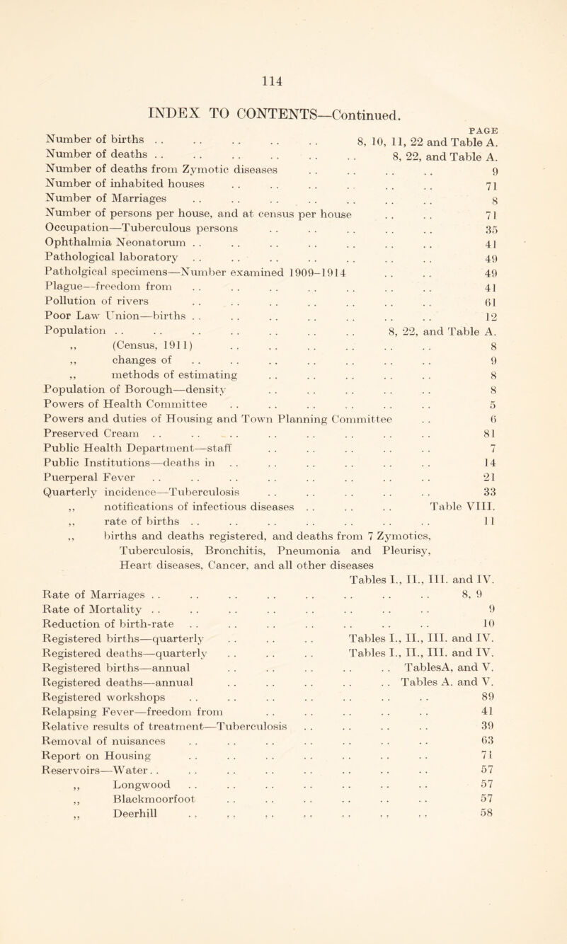 INDEX TO CONTENTS—Continued. PAGE Number of births. 8, 10, 11, 22 and Table A. Number of deaths. 8, 22, and Table A. Number of deaths from Zymotic diseases . . . . . . . . 9 Number of inhabited houses . . . . . . . . . . 71 Number of Marriages . . . . . . . . . . . . . . 8 Number of persons per house, and at census per house . . . . 71 Occupation—Tuberculous persons . . . . . . . . . . 35 Ophthalmia Neonatorum . . . . . . . . . . . . . . 41 Pathological laboratory . . . . . . . . . . . . . . 49 Patholgical specimens—Number examined 1909-1914 . . . . 49 Plague—freedom from . . . . . . . . . . . . . . 41 Pollution of rivers . . . . . . . . . . . . . . 61 Poor Law Union—births . . . . . . . . . . . . . . 12 Population . . . . . . . . . . . . . . 8, 22, and Table A. ,, (Census, 1911) .. .. .. .. .. .. 8 ,, changes of . . . . . . . . . . . . 9 ,, methods of estimating . . . . . . . . . . 8 Population of Borough—density . . . . . . . . . . 8 Powers of Health Committee . . . . . . . . . . . . 5 Powers and duties of Housing and Town Planning Committee . . 6 Preserved Cream . . . . . . . . . . . . . . . . 81 Public Health Department—staff . . . . . . . . . . 7 Public Institutions—deaths in . . . . . . . . . . 14 Puerperal Fever . . . . . . . . . . . . . . . . 21 Quarterly incidence—Tuberculosis . . . . . . . . . . 33 ,, notifications of infectious diseases . . . . . . Table VIII. ,, rate of births . . . . . . . . . . . . . . 11 ,, births and deaths registered, and deaths from 7 Zymotics, Tuberculosis, Bronchitis, Pneumonia and Pleurisy, Heart diseases, Cancer, and all other diseases Tables I., II., III. and IV. Rate of Marriages . . . . . . . . . . . . . . . . 8, 9 Rate of Mortality . . . . . . . . . . . . . . . . 9 Reduction of birth-rate . . . . . . . . . . . . . . 10 Registered births—quarterly . . . . . . Tables I., II., III. and IV. Registered deaths—quarterly . . . . . . Tables I., II., III. and IV. Registered births—annual . . . . . . . . . . TablesA, and V. Registered deaths—annual . . . . . . . . . . Tables A. and V. Registered workshops . . . . . . . . . . . . . . 89 Relapsing Fever—freedom from . . . . . . . . . . 41 Relative results of treatment—Tuberculosis . . . . . . . . 39 Removal of nuisances . . . . . . . . . . . . . . 63 Report on Housing . . . . . . . . . . . . . . 71 Reservoirs—Water. . . . . . . . . . . . . . . . 57 ,, Longwood . . . . . . . . . . . . . . 57 ,, Blackmoorfoot . . . . . . . . . . . . 57 ,, Deerhill . , , . , . , , . . . , , , 58