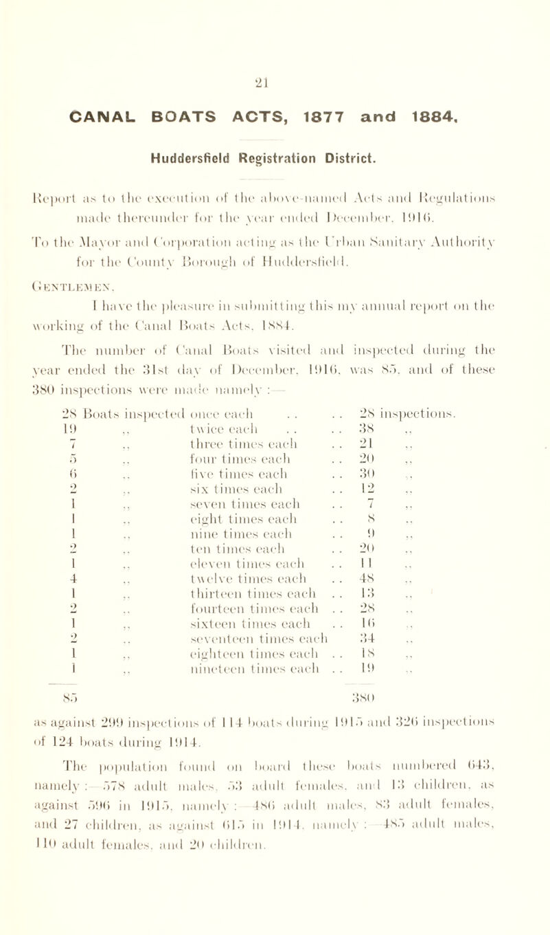 ‘21 CANAL BOATS ACTS, 1877 and 1884, Huddersfield Registration District. Report as to the execution of 11 it* above named Acts and Regulations made thereunder for the year ended December. 15)1(5. To the Mayor and ('orporation neting as the lThan Sanitary Authority for the County Borough of Huddersfield. Gentlemen. I have the pleasure in submitting this my annual report on the working of the Canal Boats Acts. lNS-f. The number of Canal Boats visited and inspected during the vear ended the 31st dav of December. 11)1(5, was So, and of these 380 inspections were made namely : 28 Boats inspected once each 2s inspections. 15) twice each . 38 7 ., three times each . 21 5 four times each . 20 (5 live times each . 30 o six times each 12 i seven times each 7 ,, i eight times each S i nine times each 5) 2 ten times each . 20 1 eleven times each . 1 1 4 twelve times each . 48 1 thirteen times each 13 2 fourteen times each . . 28 1 sixteen times each 1(5 •> seventeen times each 34 1 eighteen times each . 18 1 nineteen times each . 19 So as against 299 inspections of lid boats during 38< i ill 5 and 320 inspect ion. of 124 boats during 1914. The population found on board these boats numbered 043 namely: 578 ; idult males 53 adult femah s. and 13 children, a? against 590 in 1915. namely : 48(5 adult n ales, 83 adult females and 27 children , as against (515 in 1914. namely : 4S.» adult males