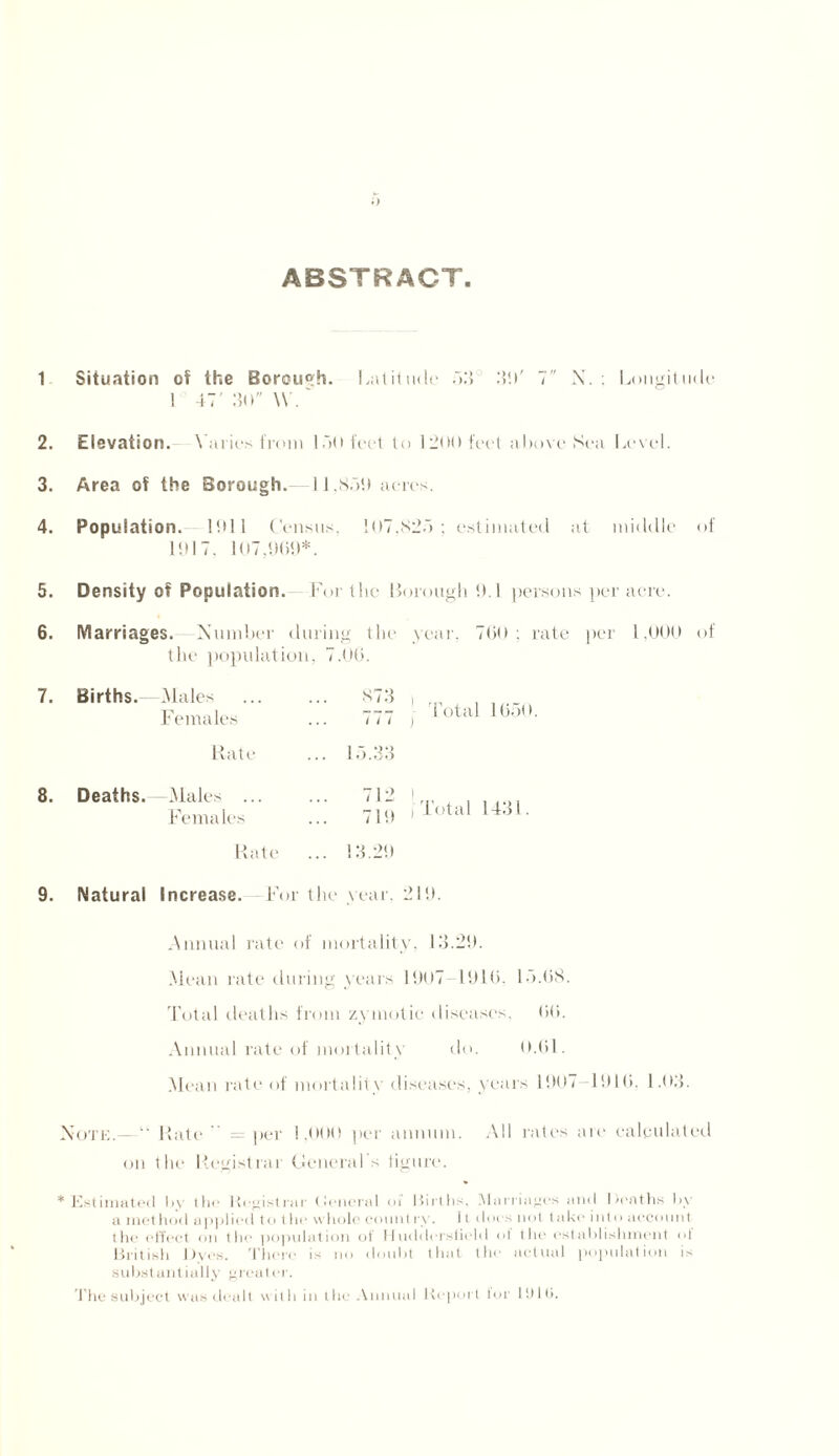 ABSTRACT. 1 Situation of the Borough. Latitude 53 39' 1 N. : Longitude 1 47' 30 W. ' 2. Elevation. Varies from lot) feet to 1200 feet above Sea Level. 3. Area of the Borough. IJ .859 acres. 4. Population. 1911 Census, 107.825 : estimated at middle of 1917, 107,969*. 5. Density of Population. For the Borough 9.1 persons per acre. 6. Marriages. —Number during the year. 760; rate per 1,000 of 'Total 1650. the population, 7 06. 7. Births. Alales 873 Females 777 Rate 15.33 8. Deaths. -Males . 712 Females 719 Rate 13.29 9. Natural Increase. - For the year. .Annual rate of mortality, 13.29. Mean rate during years 1907-1916. 15.68. Total deaths from zymotic diseases, 66. Annual rate of mortality do. 0.01. Mean rate of mortality diseases, years 1907 1910. 1.03. Note.—“ Rate “ - per 1,000 per annum. All rates are calculated on the Registrar General s figure. * Estimated b\ the Registrar (Soneral of liirths. Marriages and Deaths by a met hod applied to the whole count ry. i I does not take into account the effect on the population of Huddersfield of the establishment ot British Dyes. There is no doubt that the actual population is substantially greater. The subject was dealt with in the Annual Report for l!)l(i.