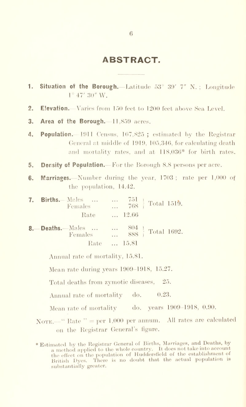 o ABSTRACT. 1. Situation of the Borough. Latitude 53 3!*' 7 X.; Longitude 1° 47' 30 W. 2. Elevation. Varies from 150 feet to 1200 feet above Sea Level. 3. Area of the Borough. I 1.850 acres. 4. Population. 1011 Census, 107,825 ; estimated by the Registrar Ccneral at middle of 1010, 105,340. for calculating death and mortality rates, and at 118,03(5* for birth rates. 5. 6. 7. Density of Population. For the Borough 8.8 persons per acre. (Carriages. Number during the the population, 14.42. Births. Males ... ... 751 Females ... 708 year, 1703; rate per 1,000 of ‘ Total 151?). Rate ... 12.60 8. Deaths. Males ... Females Rate 804 | r 888 | total 1002. 15.81 Annual rate of mortality, 15.81. Mean rate during years 1900 1018, 15.27. Total deaths from zymotic diseases, 25. Annual rate of mortality do. 0.23. Mean rate of mortality do. years 1000 1018, 0.00. Noth. “ Rate ” = per 1,000 per annum. All rates are calculated on the Registrar General’s figure. * Estimated by the Registrar General of Births, Marriages, and Deaths, by a method applied to the whole country. Il does not take into account tin' effect on the population of Huddersfield of the establishment of British Dyes. There is no doubt that the actual population is substantially greater.