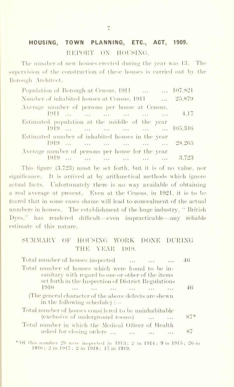 HOUSING, TOWN PLANNING, ETC., ACT, 1909. REPORT ON HOUSING. The number of new bouses erected during the year was 13. The supervision of the construction of these houses is carried out by the Borough Architect. Population of Borough at Census, Hill ... ... 107,821 Number of inhabited houses at Census, l!)ll ... 25,879 Average number of persons per house at Census, 1911. 4.17 Estimated population at the middle of the year 1919. ... 105,340 Estimated number of inhabited houses in the year I !l I!). ... 28,265 Avi >rage number of persons per house for the year 111 I!».' ... 3.723 This figure (3.723) must be set forth, but it is of no value, nor significance. It is arrived at by arithmetical methods which ignoie actual facts. Unfortunately there is no way available of obtaining a real average at present. Even at the Census, in 1921, it is to be feared that in some cases shame will lead to concealment of the actual numbers in houses. The establishment of the huge industry, “ British Dyes, has rendered difficult—even impracticable—any reliable estimate of this nature. SUMMARY OE HOUSING WORK DONE DURING THE YEAR 11)11). Total number of houses inspected ... ... ... 46 Total number of houses which were found to be in¬ sanitary with regard to one or other of the items set forth in the Inspection of District Regulations 11)10 . 46 (The general character of the above defects are shewn in the following schedule) :— Total number of houses consi lered to be uninhabitable (exclusive of underground rooms) ... ... 87* Total number in which the Medical Officer of Health asked for closing orders ... ... ... ... 87 * Of this number 2!) were inspected in !!)!.'{; 2 in 1914; 9 in 1915; 2ti in