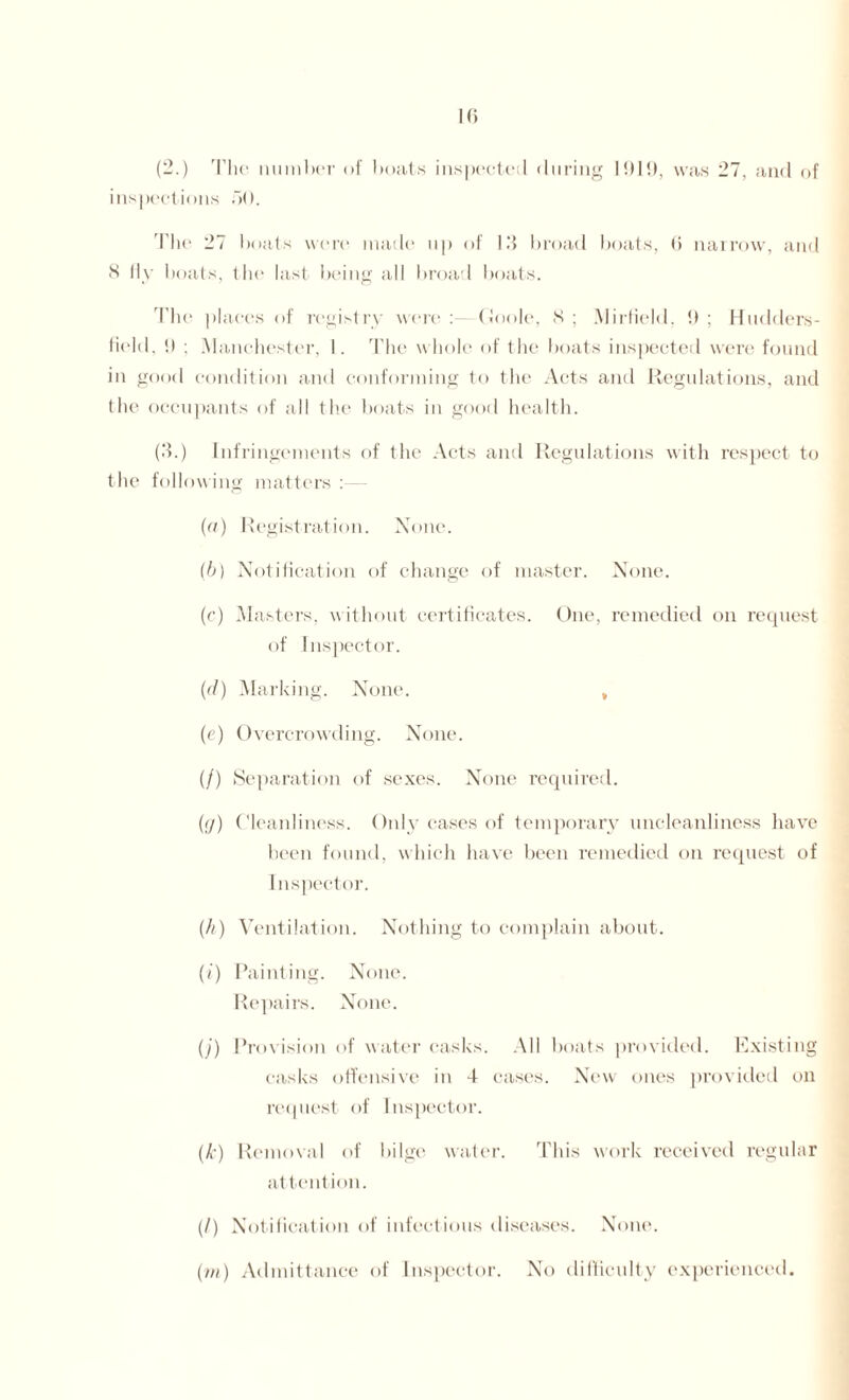 1(» (2.) The number of boats inspected during 1919, was 27, and of inspections 50. The 27 boats were made up of Hi broad boats, 6 narrow, and 8 fly boats, the last being all broad boats. The places of registry were : Goole, 8 ; Mirfield. 9 ; Hudders¬ field, 9 : Manchester, 1. The whole of the boats inspected were found in good condition and conforming to the Acts and Regulations, and the occupants of all the boats in good health. (8.) Infringements of the Acts and Regulations with respect to the following matters : - (а) Registration. None. (б) Notification of change of master. None. (c) Masters, without certificates. One, remedied on request of Inspector. (d) Marking. None. , (e) Overcrowding. None. (/) Separation of sexes. None required. (g) Cleanliness. Only cases of temporary uncleanliness have been found, which have been remedied on request of Inspector. (h) Ventilation. Nothing to complain about. (i) Painting. None. Repairs. None. (j) Provision of water casks. All boats provided. Existing casks offensive in 4 cases. New ones provided on request of Inspector. (k) Removal of bilge water. This work received regular attention. (l) Notification of infectious diseases. None.