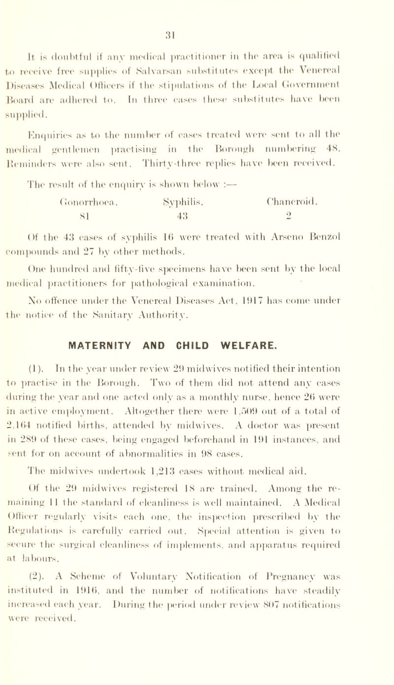 It is doubtful if any medical pracl it inner in the area is qualified t.o receive free supplies of Salvarsan substitutes except the Venereal Diseases Medical Officers if the stipulations of the Local CJovernment Hoard are adhered to. In three eases these substitutes have been supplied. Enquiries as to the number of cases treated were sent to all the medical gentlemen practising in the Borough numbering 4K. Reminders were also sent. Thirty-three replies have been received. The result of the enquiry is shown below :— Conorrhoca. Syphilis. Chancroid, si 43 2 Of the 4.4 eases of syphilis l(i were treated with Arscno Benzol compounds and 27 by other methods. One hundred and fifty-five specimens have been sent by the local medical practitioners for pathological examination. No offence under the Venereal Diseases Act. 1!)17 has come under the notice of the Sanitary Authority. MATERNITY AND CHILD WELFARE. (1) . In the year under review 2ft midwives notified their intention to practise in the Borough. Two of them did not attend any eases during the year and one acted only as a monthly nurse, hence 2b were in active employment. Altogether there were 1.509 out of a total of 2.1b4 notified births, attended by midwives. A doctor was present in 2Sf) of these eases, being engaged beforehand in lffl instances, and sent for on account of abnormalities in 98 cases. The midwives undertook 1,213 eases without medical aid. Of the 29 midwives registered 18 are trained. Among the re- maining 11 the standard of cleanliness is well maintained. A Medical Officer regularly visits each one, the inspection prescribed by the Regulations is carefully carried out. Special attention is given to secure the surgical cleanliness of implements, and apparatus required at labours. (2) . A Scheme of Voluntary Notification of Pregnancy was instituted in 191b, and the number of notifications have steadily increased each year. During the period under review 807 notifications were received.