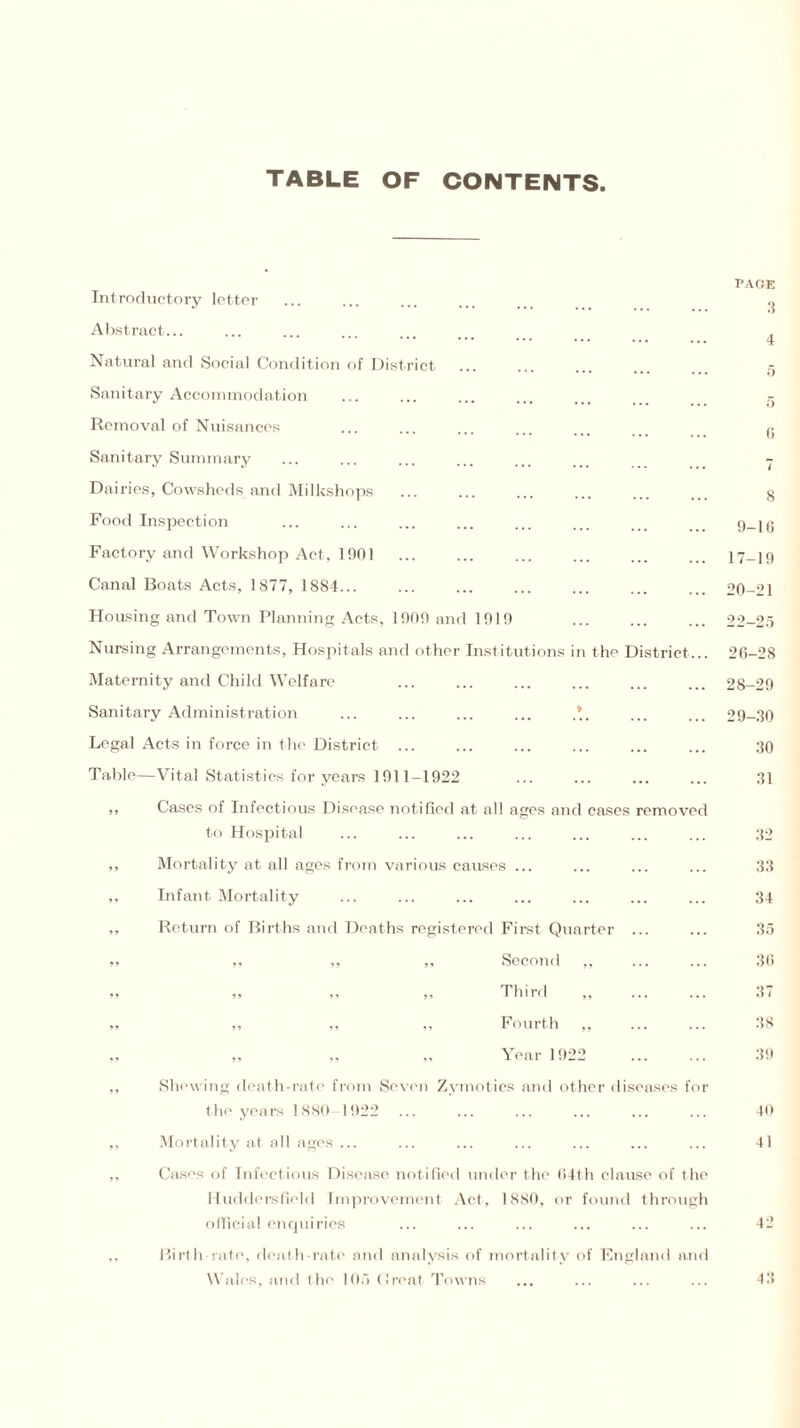 TABLE OF CONTENTS Introductory letter Abstract... Natural and Social Condition of District Sanitary Accommodation Removal of Nuisances Sanitary Summary Dairies, Cowsheds and Milkshops Food Inspection Factory and Workshop Act, 1901 Canal Boats Acts, 1877, 1884... Housing and Town Planning Acts, 1909 an ! 1919 Institutions n the District.. Nursing Arrangements, Hospitals and other Maternity and Child Welfare Sanitary Administration Legal Acts in force in the District ... Table—Vital Statistics for years 1911-1922 Cases of Infectious Disease notified at all ages and cases removed to Hospital Mortality at all ages from various causes ... Infant Mortality Return of Births and Deaths registered First Quarter ... ,. ,, ,, Second ,, ,, ,, ,, Third ,, ,, ,, ,, Fourth ,, „ „ „ Year 1922 Shewing death-rate from Seven Zymotics and other diseases fo the years 1880 1922 Mortality at all ages ... Cases of Infectious Disease notified under the 64th clause of t he Huddersfield Improvement Act, 1880, or found through official enquiries Birth-rate, death-rate and analysis of mortality of England and Wales, and the 105 Croat Towns PAGE 3 4 5 5 0 7 8 9-10 17-19 20-21 22-25 20-28 28- 29 29- 30 30 31 32 33 34 35 36 37 38 39 40 41 42 4 3