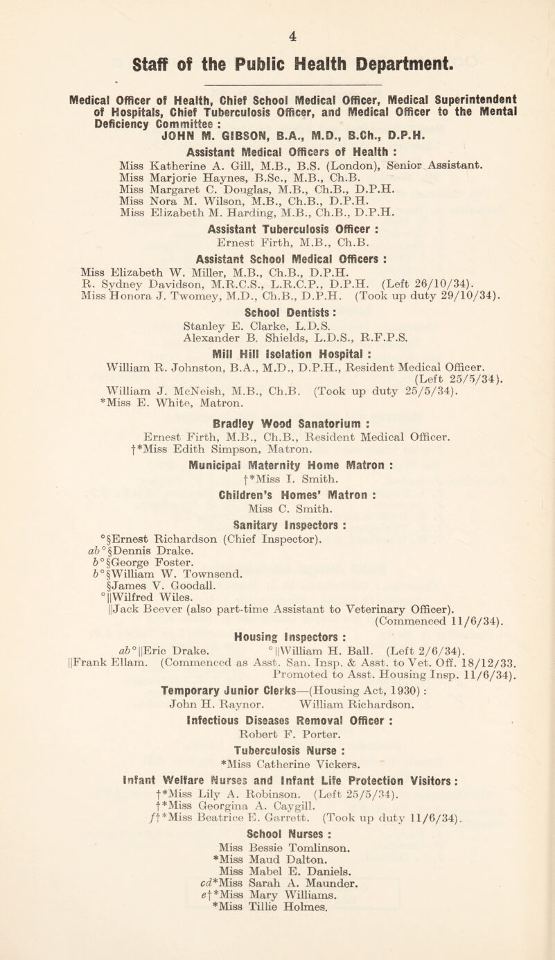 Staff of the Public Health Department. Medical Officer of Health, Chief School Medical Officer, Medical Superintendent of Hospitals, Chief Tuberculosis Officer, and Medical Officer to the Mental Deficiency Committee : M. GIBSON, S.A., M.D., B.Ch., D.P.H. Assistant Medical Officers of Health : Miss Katherine A. Gill, M.B., B.S. (London), Senior Assistant. Miss Marjorie Haynes, B.Sc., M.B., Ch.B. Miss Margaret C. Douglas, M.B., Ch.B., D.P.H. Miss Nora M. Wilson, M.B., Ch.B., D.P.H. Miss Elizabeth M. Harding, M.B., Ch.B., D.P.H. Assistant Tuberculosis Officer : Ernest Firth, M.B., Ch.B. Assistant School Medical Officers : Miss Elizabeth W. Miller, M.B., Ch.B., D.P.H. R. Sydney Davidson, M.R.C.S., L.R.C.P., D.P.H. (Left 26/10/34). Miss Honora J. Twomey, M.D., Ch.B., D.P.H. (Took up duty 29/10/34). School Dentists: Stanley E. Clarke, L.D.S. Alexander B. Shields, L.D.S., R.F.P.S. Mill Hill Isolation Hospital : William R. Johnston, B.A., M.D., D.P.H., Resident Medical Officer. (Left 25/5/34). William J. McNeish, M.B., Ch.B. (Took up duty 25/5/34). *Miss E. White, Matron. Bradley Wood Sanatorium : Ernest Firth, M.B., Ch.B., Resident Medical Officer. f*Miss Edith Simpson, Matron. Municipal Maternity Home Matron : j*Miss I. Smith. Children’s Homes’ Matron : Miss C. Smith. Sanitary Inspectors : °§Ernest Richardson (Chief Inspector). a&°§Dennis Drake. 6°§Oeorge Foster. 6°§William W. Townsend. §James V. Goodall. °||Wilfred Wiles. ||Jack Beever (also part-time Assistant to Veterinary Officer). (Commenced 11/6/34). Housing Inspectors : a6°||Eric Drake. °||William H. Ball. (Left 2/6/34). ||Frank Ellam. (Commenced as Asst. San. Insp. & Asst, to Vet. Off. 18/12/33. Promoted to Asst. Housing Insp. 11/6/34). Temporary Junior Clerks—(Housing Act, 1930): John H. Raynor. William Richardson. Infectious Diseases Removal Officer : Robert F. Porter. Tuberculosis ^urse : *Miss Catherine Vickers. Infant Welfare Curses and Infant Life Protection Visitors: •(•*Miss Lily A. Robinson. (Left 25/5/34). j*Miss Georgina A. Cay gill. /f*Miss Beatrice E. Garrett. (Took up duty 11/6/34). School Murses : Miss Bessie Tomlinson. *Miss Maud Dalton. Miss Mabel E. Daniels. cd*Miss Sarah A. Maunder. ef*Miss Mary Williams. *Miss Tillie Holmes.