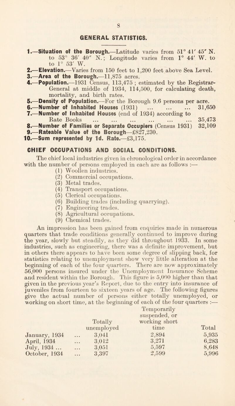 GENERAL STATISTICS. 1. —Situation of the Borough.—Latitude varies from 51° 41' 45 N. to 53° 36' 40 N.; Longitude varies from 1° 44' W. to to 1° 53' W. 2. —Elevation.—Varies from 150 feet to 1,200 feet above Sea Level. 3. —Area of the Borough.—11,875 acres. 4. —Population.—1931 Census, 113,475 ; estimated by the Registrar- General at middle of 1934, 114,500, for calculating death, mortality, and birth rates. 5. —Density of Population.—For the Borough 9.6 persons per acre. 6. —Number of Inhabited Houses (1931) . 31,650 7. —Number of Inhabited Houses (end of 1934) according to Rate Books ... ... ... ... ... ... 35,473 8. —Number of Families or Separate Occupiers (Census 1931) 32,109 9. —Rateable Value ©f the Borough—£827,230. 10.--Sum represented by Id. Kate.—£3,175. CHIEF OCCUPATIONS AND SOCIAL CONDITIONS. The chief local industries given in chronological order in accordance with the number of persons employed in each are as follows :— (1) Woollen industries. (2) Commercial occupations. (3) Metal trades. (4) Transport occupations. (5) Clerical occupations. (6) Building trades (including quarrying). (7) Engineering trades. (8) Agricultural occupations. (9) Chemical trades. An impression has been gained from enquiries made in numerous quarters that trade conditions generally continued to improve during the year, slowly but steadily, as they did throughout 1933. In some industries, such as engineering, there was a definite improvement, but in others there appears to have been some degree of slipping back, for statistics relating to unemployment show very little alteration at the beginning of each of the four quarters. There are now approximately 56,000 persons insured under the Unemployment Insurance Scheme and resident within the Borough. This figure is 5,000 higher than that given in the previous year’s Report, due to the entry into insurance of juveniles from fourteen to sixteen years of age. The following figures give the actual number of persons either totally unemployed, or working on short time, at the beginning of each of the four quarters :— Totally unemployed Temporarily suspended, or working short time Total January, 1934 3,041 2,894 5,935 April, 1934 3,012 3,271 6,283 July, 1934 ... 3,051 5,597 8,648 October, 1934 3,397 2,599 5,996