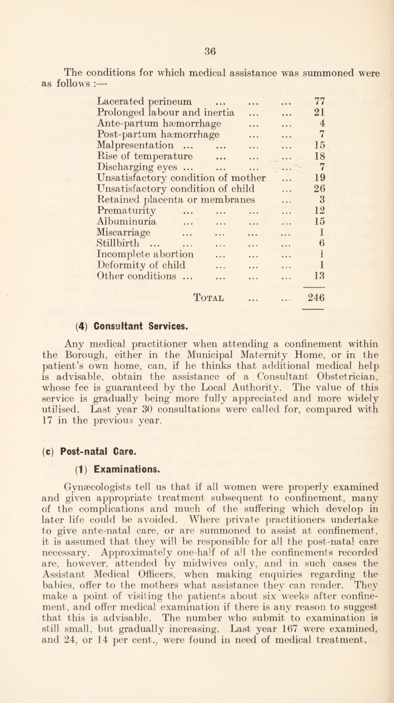 The conditions for which medical assistance was summoned were as follows :— Lacerated perineum ... ... ... 77 Prolonged labour and inertia ... ... 21 Ante-partum haemorrhage ... ... 4 Post-partum haemorrhage ... ... 7 Malpresentation ... ... ... ... 15 Rise of temperature ... ... ... 18 Discharging eyes ... ... ... ... 7 Unsatisfactory condition of mother ... 19 Unsatisfactory condition of child ... 26 Retained placenta or membranes ... 3 Prematurity ... ... ... ... 12 Albuminuria ... ... ... ... 15 Miscarriage ... ... ... ... 1 Stillbirth ... ... ... ... ... 6 Incompl ete abortion ... ... ... 1 Deformity of child ... ... ... 1 Other conditions ... ... ... ... 13 Total . 246 (4) Consultant Services. Any medical practitioner when attending a confinement within the Borough, either in the Municipal Maternity Home, or in the patient’s own home, can, if he thinks that additional medical help is advisable, obtain the assistance of a Consultant Obstetrician, whose fee is guaranteed by the Local Authority. The value of this service is gradually being more fully appreciated and more widely utilised. Last year 30 consultations were called for, compared with 17 in the previous year. (c) Post-natal Care. (t) Examinations. Gynaecologists tell us that if all women were properly examined and given appropriate treatment subsequent to confinement, many of the complications and much of the suffering which develop in later life could be avoided. Where private practitioners undertake to give ante-natal care, or are summoned to assist at confinement, it is assumed that they will be responsible for all the post-natal care necessary. Approximately one-half of all the confinements recorded are, however, attended by midwives only, and in such cases the Assistant Medical Officers, when making enquiries regarding the babies, offer to the mothers what assistance they can render. They make a point of visiting the patients about six weeks after confine¬ ment, and offer medical examination if there is any reason to suggest that this is advisable. The number who submit to examination is still small, but gradually increasing. Last year 167 were examined, and 24, or 14 per cent., were found in need of medical treatment,